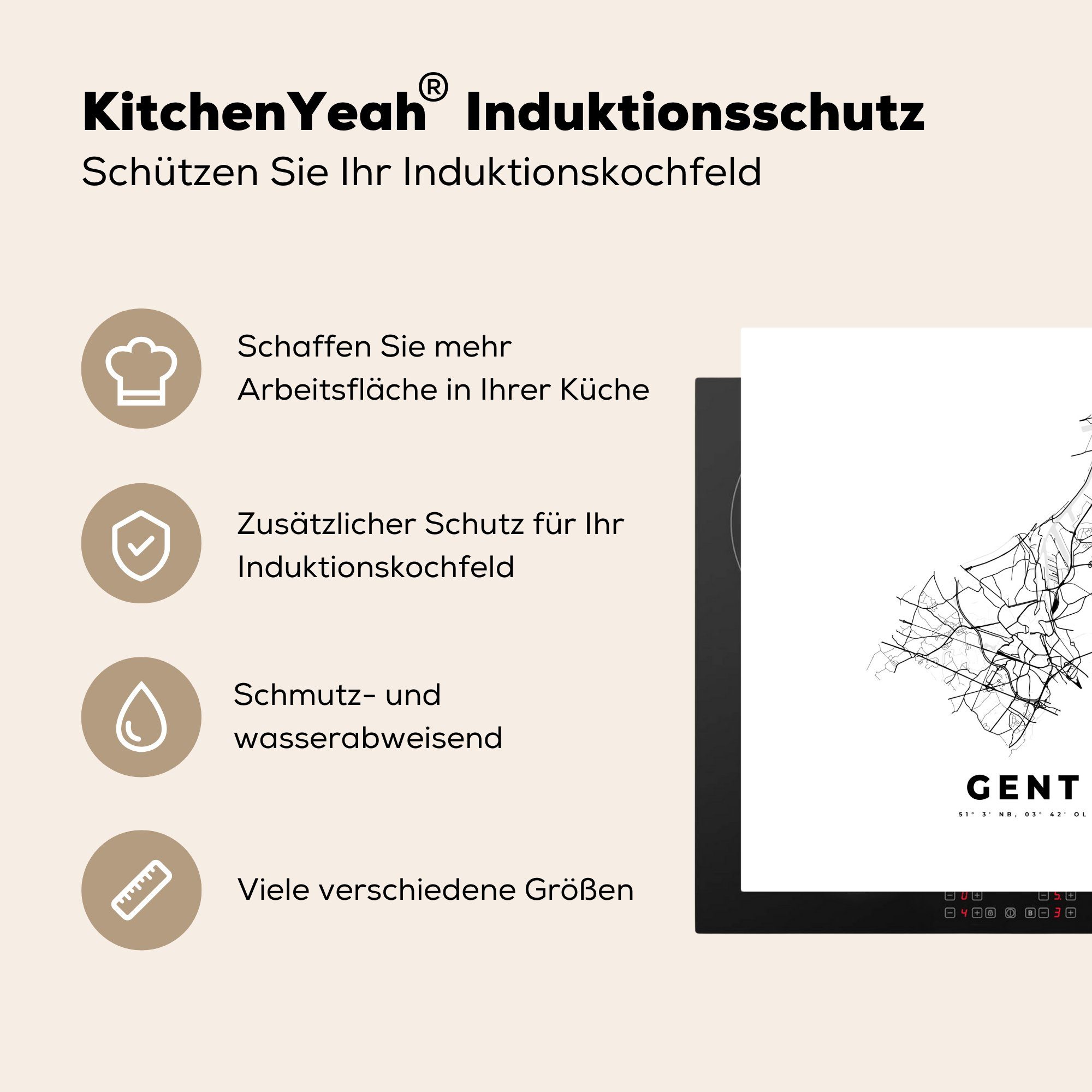 Ceranfeldabdeckung, 78x78 - Vinyl, für küche - MuchoWow cm, - tlg), Belgien Karte Arbeitsplatte (1 Herdblende-/Abdeckplatte weiß Stadtplan, - Schwarz und Gent