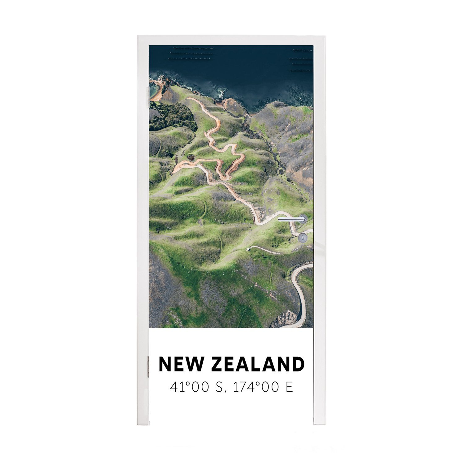 MuchoWow Türtapete Neuseeland - Türaufkleber, bedruckt, 75x205 cm Strand, Fototapete für Matt, - - (1 St), Tür, Grün Wasser