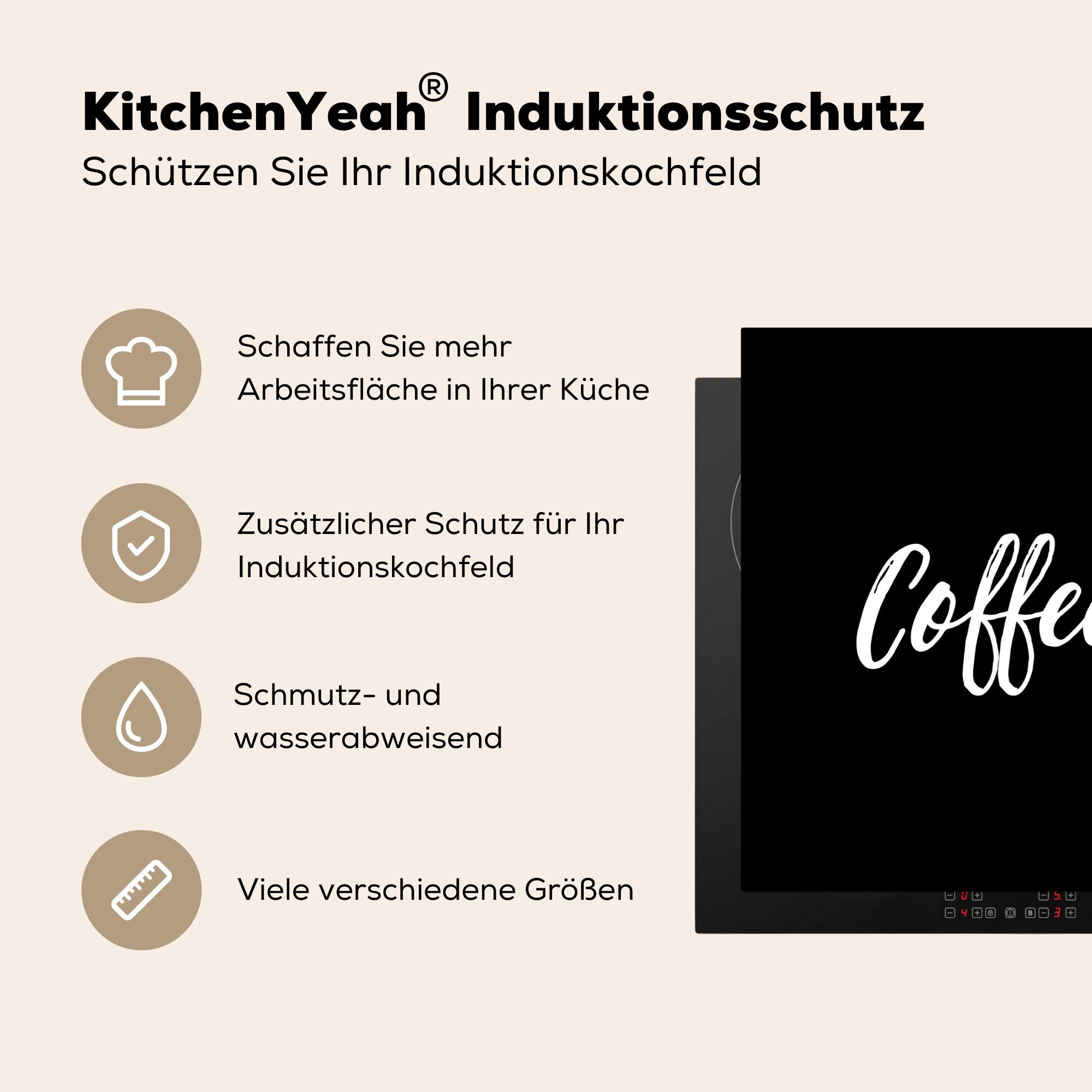 Vinyl, Kaffeezeit (1 - Arbeitsfläche Mobile - 70x52 Sprichwörter Kaffee - tlg), Ceranfeldabdeckung Herdblende-/Abdeckplatte cm, Zitate, nutzbar, MuchoWow