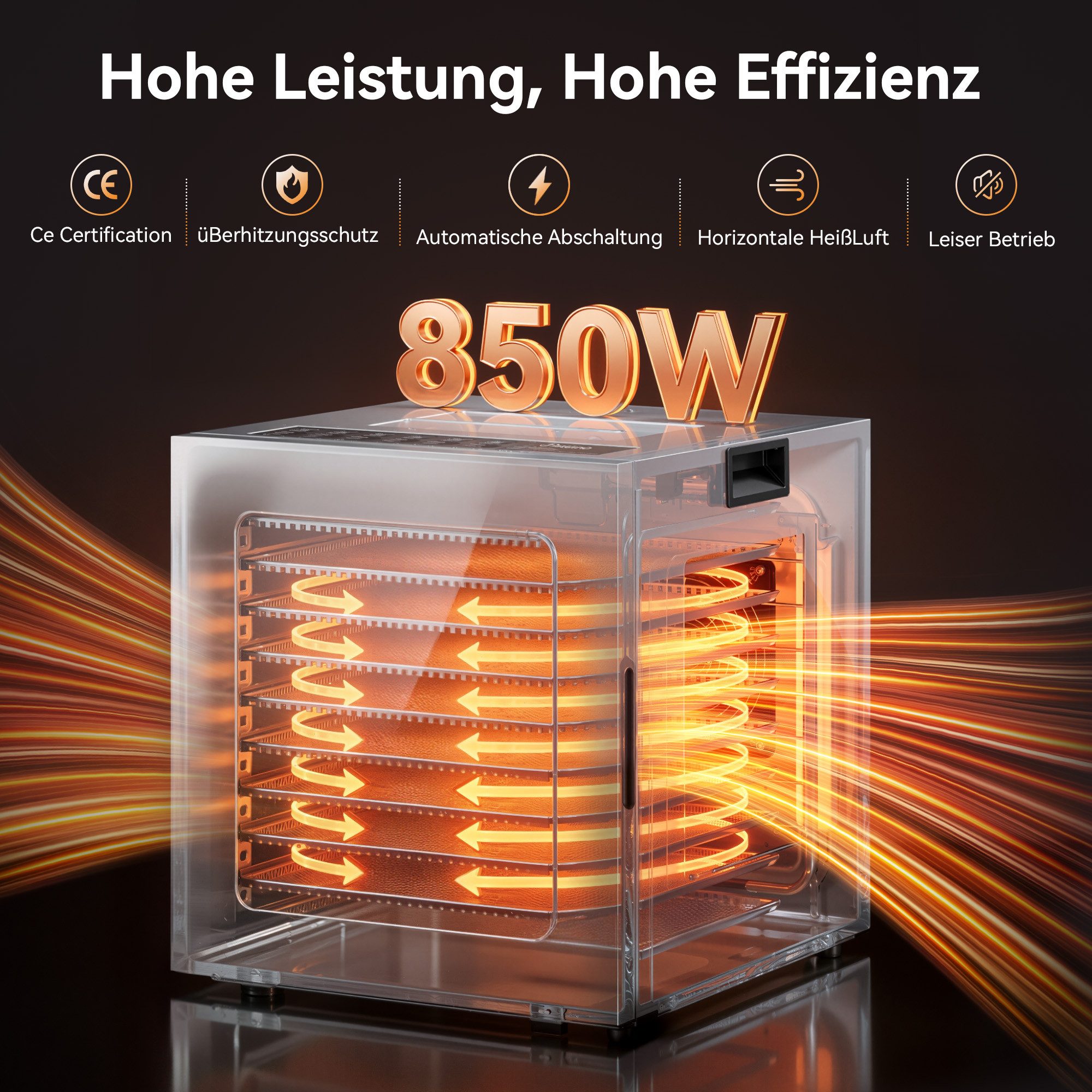 Furnicopia Dörrautomat Edelstahl Lebensmitteltrockner – 10 Tabletts, 48h, 850W 850 W, 10 Etagen, 360°-Umluft, 24-h-Warmhalten, für Obst, Jerky u. a., inkl. Reze – Bild 3 von 5