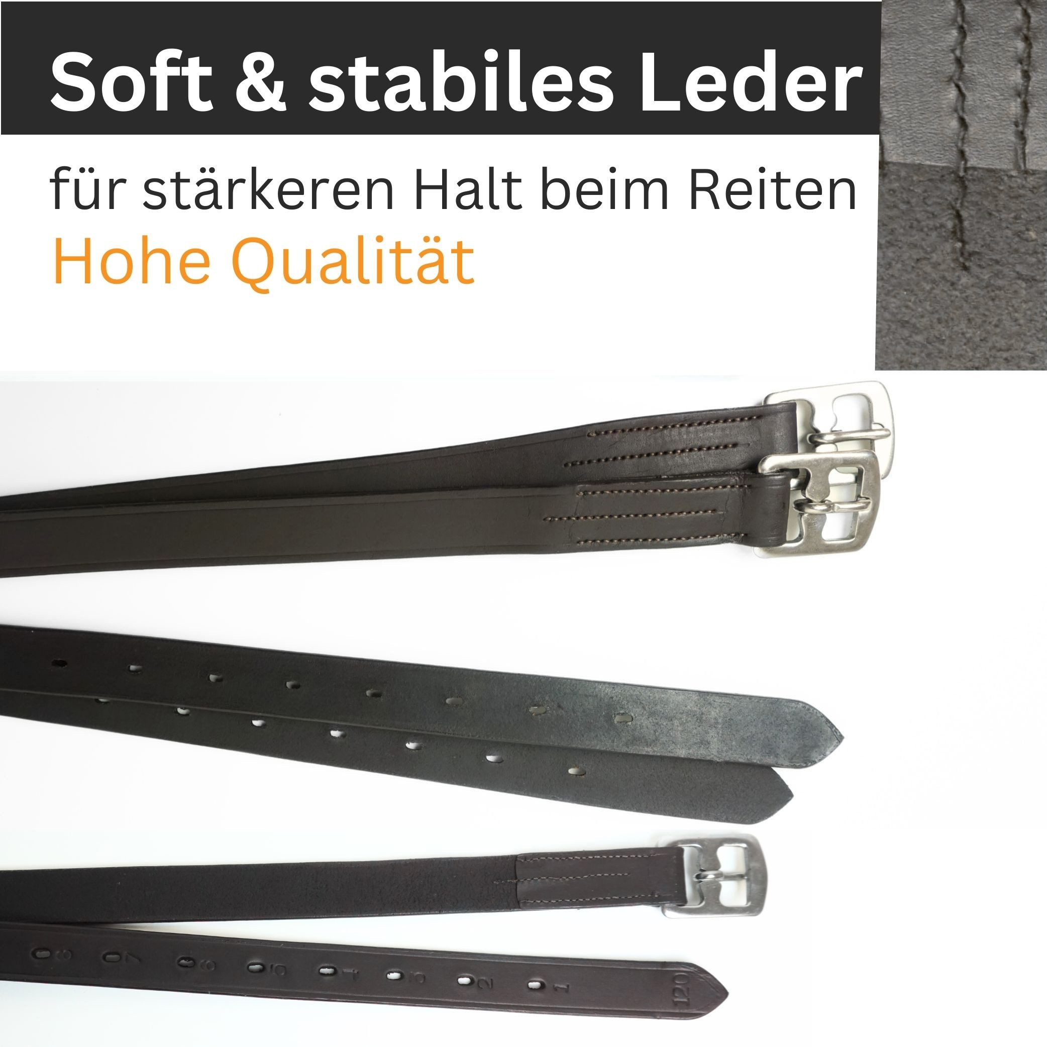 Pferdelinis Dressursattel Steigbügelriemen, Leder, braun, passend für englische Sättel, besonders fein verstellbar, hochwertige Edelstahlschnalle