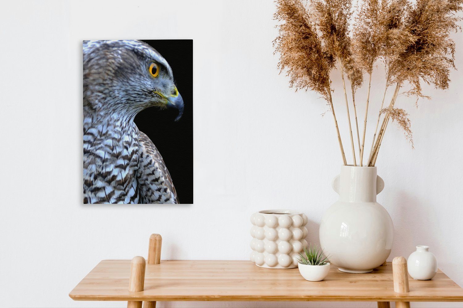 OneMillionCanvasses® Leinwandbild Nahaufnahme eines Falken bespannt schwarzen cm inkl. (1 vor Zackenaufhänger, St), Leinwandbild Gemälde, Hintergrund, einem fertig 20x30