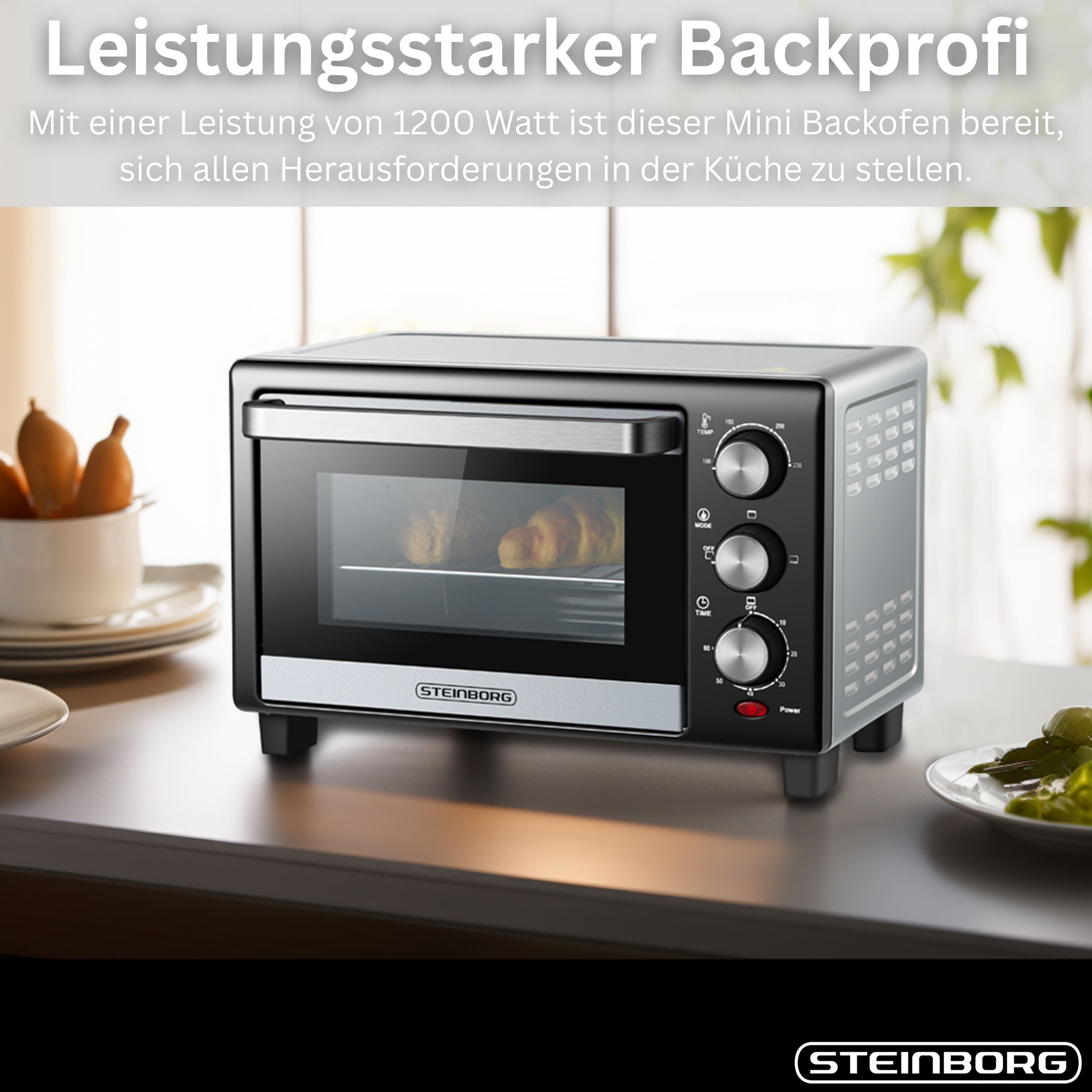STEINBORG Minibackofen SB-3017, 15 Liter,mit Krümelblech,1200 Watt