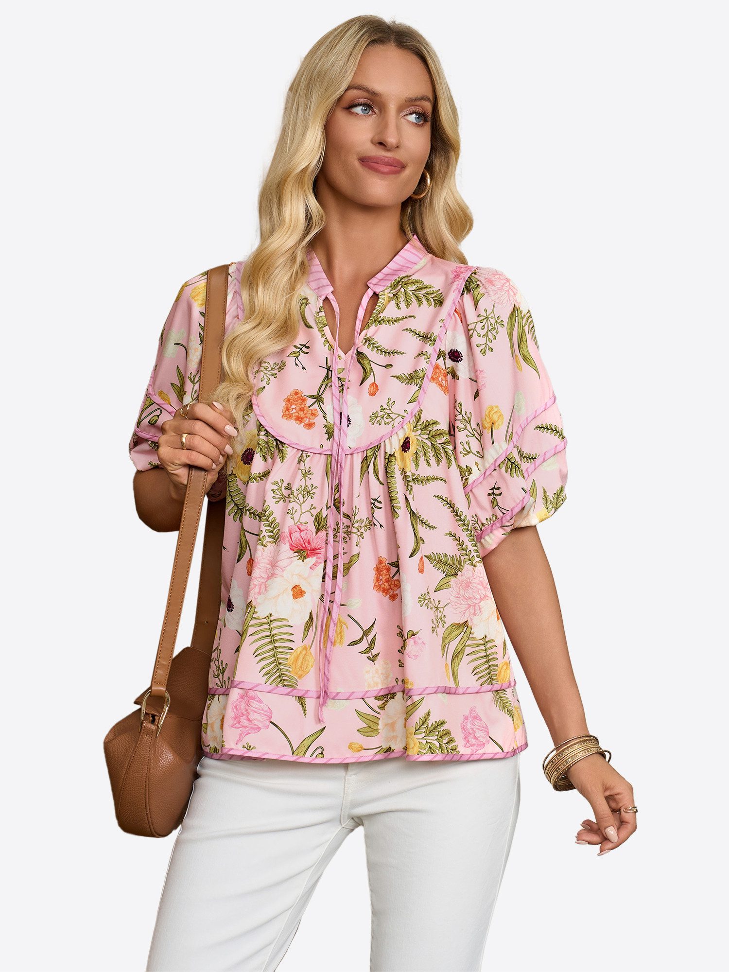 Imily Bela Kurzarmbluse Damen Babydoll Tops mit Blumenmuster (Packung, 1-tlg., 1per-Pack) mit V-Ausschnitt – Bild 5 von 5