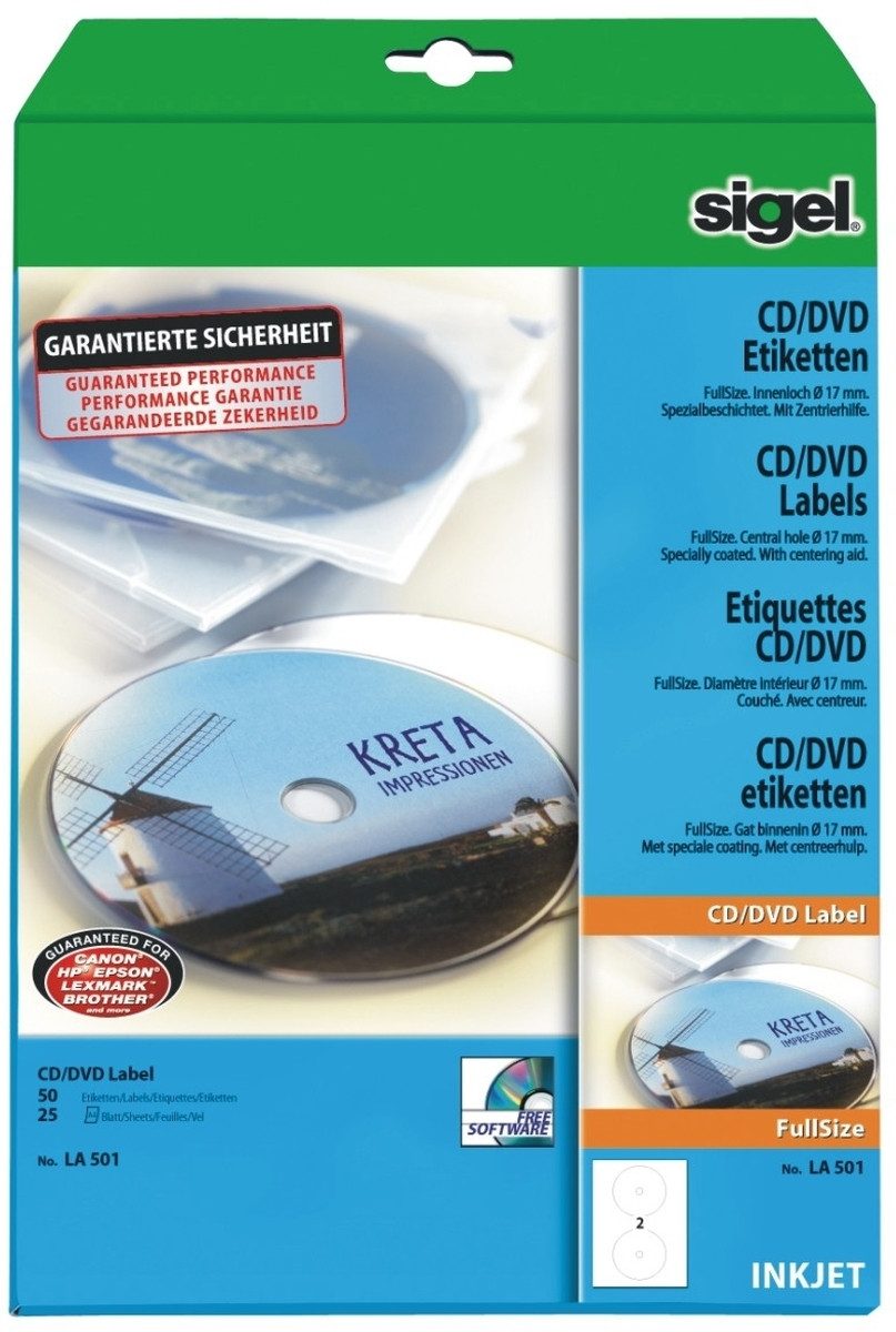 Sigel Etiketten CD-/DVD-Etiketten Inkjet 117mm VE=50 Stück (25 Blatt) weiß (10 Stück)
