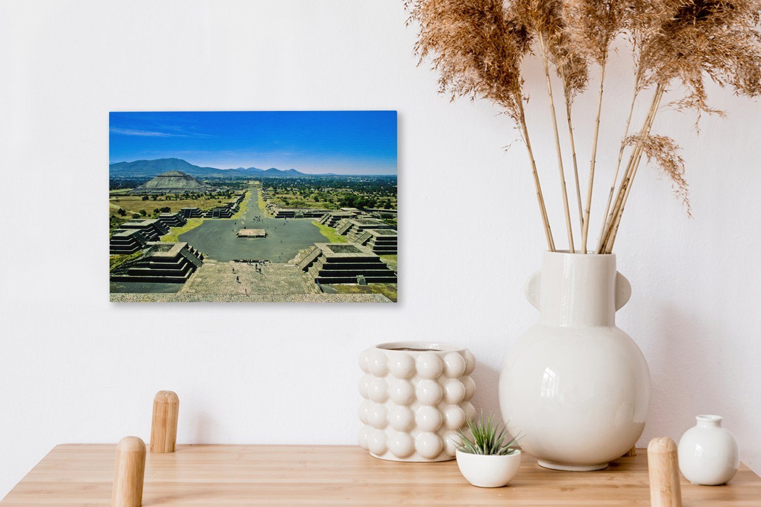 OneMillionCanvasses® Leinwandbild Ansicht der (1 cm Mexiko, 30x20 Wanddeko, Leinwandbilder, Wandbild und Ritualbauten in in St), Pyramiden Aufhängefertig, Teotihuacán