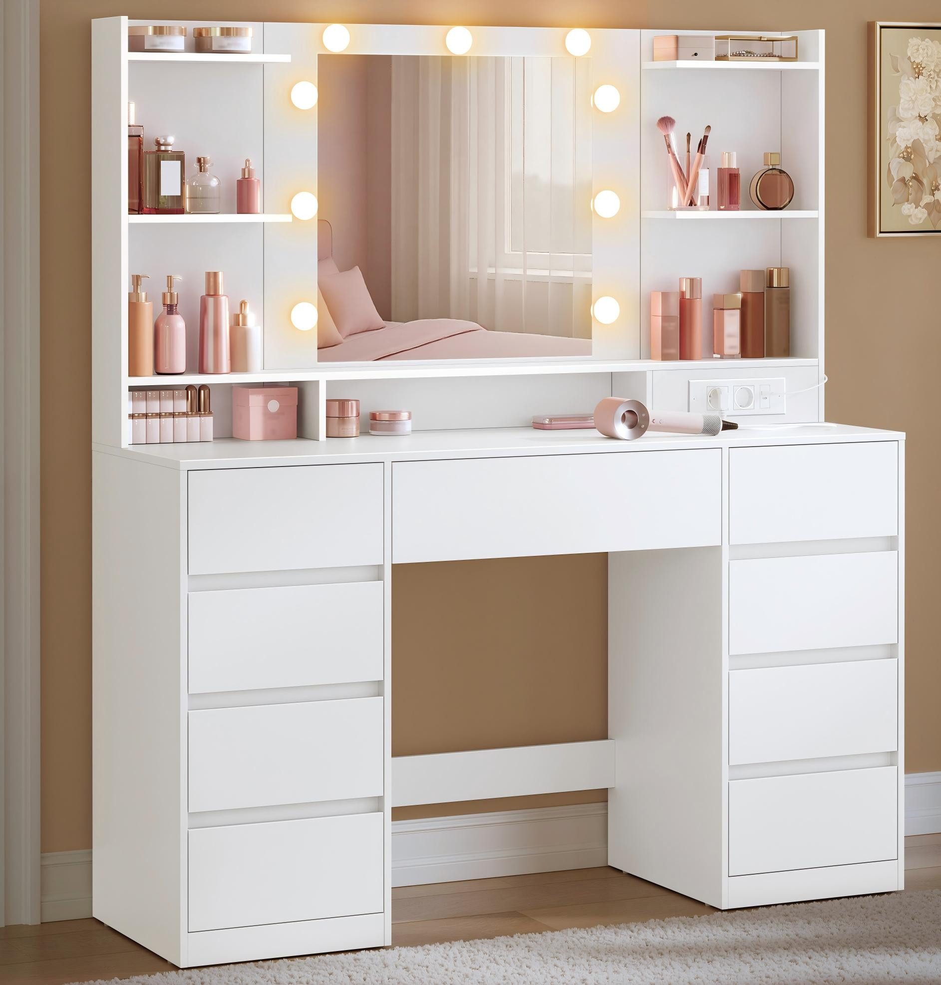 VASAGLE Schminktisch mit Spiegel und LED-Leuchten, Steckdosenleiste, Schubladen (1 Tisch), mit 9 dimmbare Glühbirnen, 3 Lichtfarben, werkzeuglose Gleitschienen