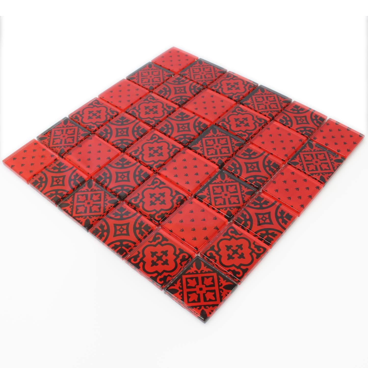 Mosafil Mosaikfliesen Mosaikfliesen Glas Barock, Glas 30.000x30.000, schwarz-rot, Verlegefertig auf ein Netz geklebt - Frostsicher - Wasserfest