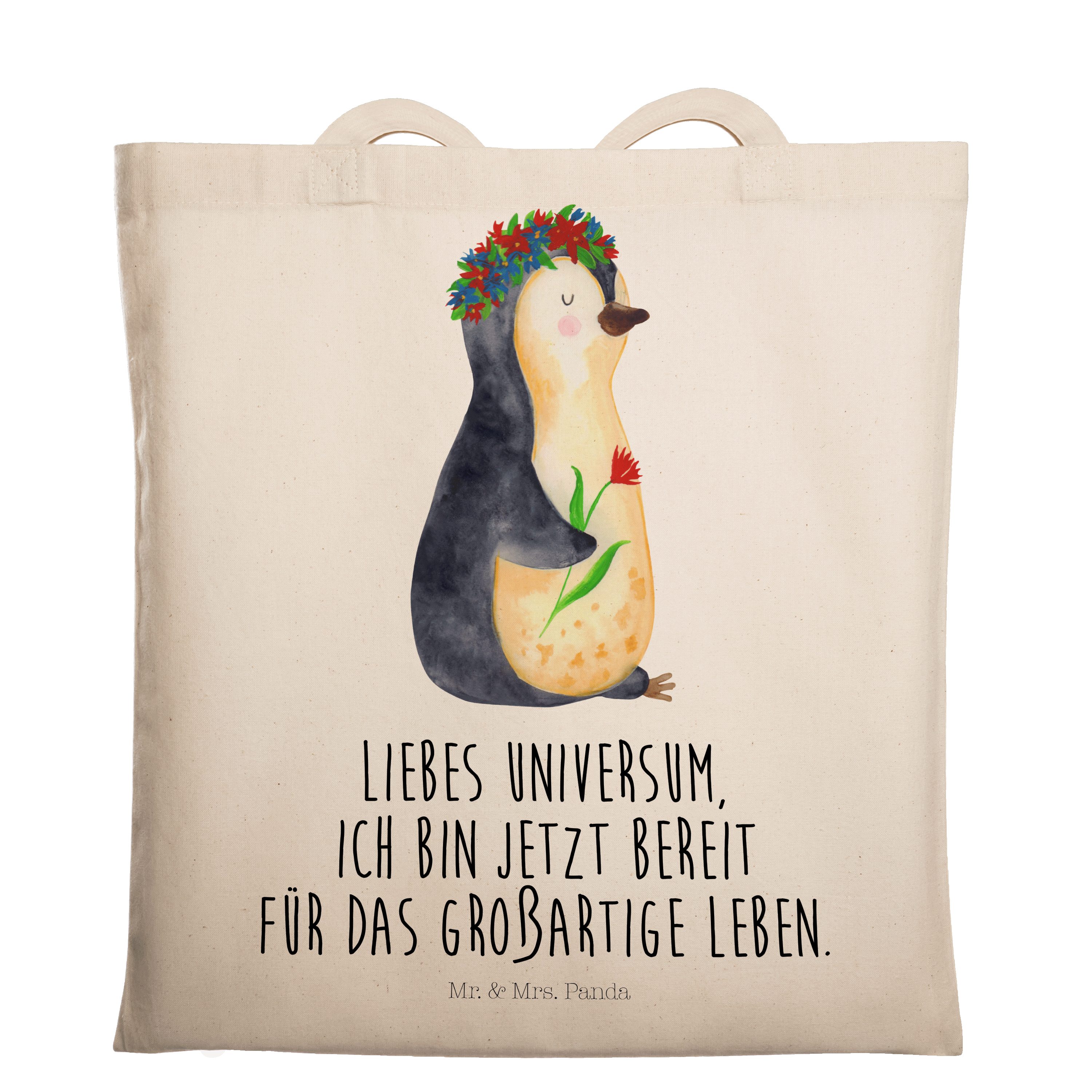 Mr. & Mrs. Panda Tragetasche Pinguin Blumenkranz - Transparent - Geschenk, Stoffbeutel, Einkaufsta (1-tlg)