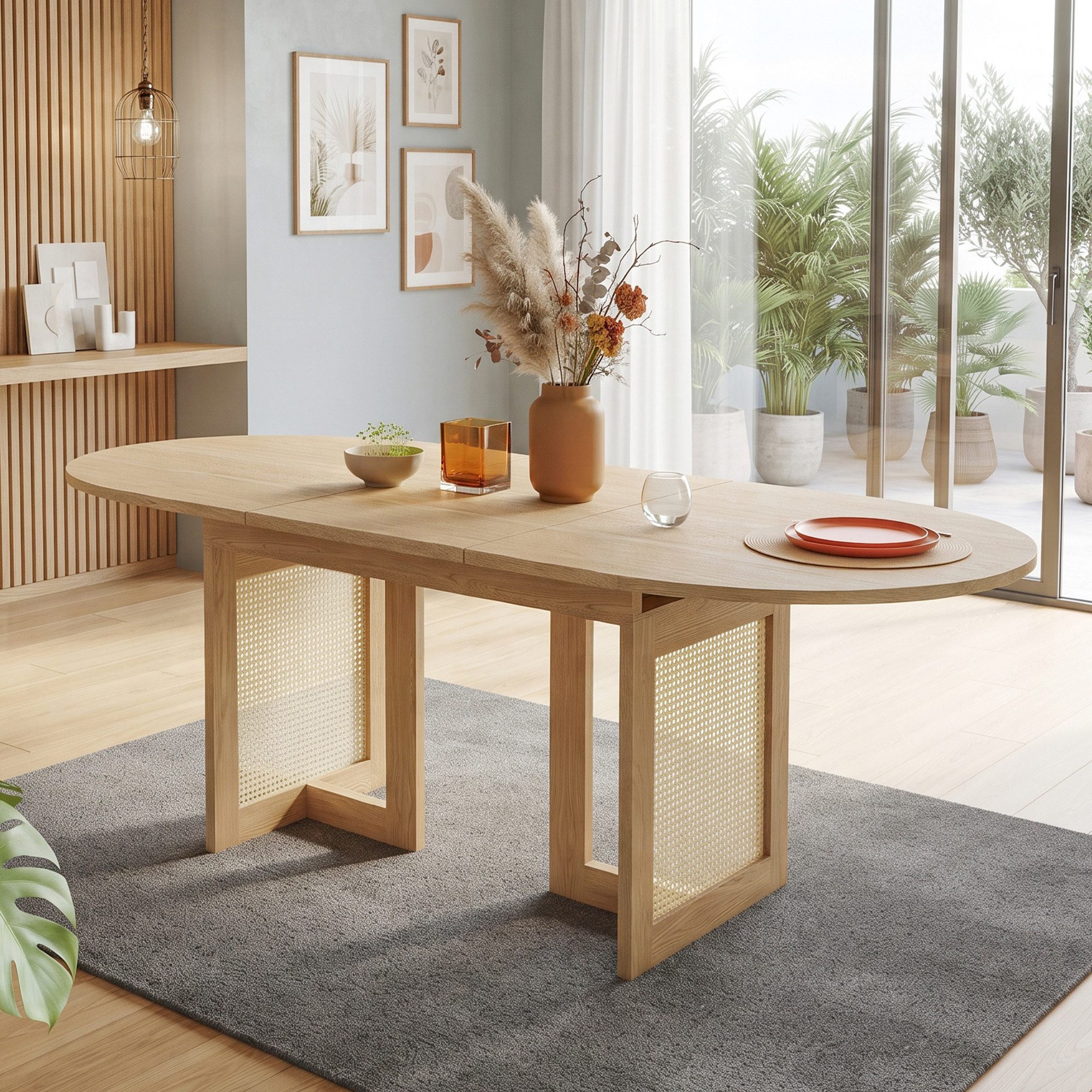 Flieks Esstisch ausziehbare Tischplatte in Holzoptik, Tischbeine aus Rattan (Verstellbare Länge 120-160/T80/H75 cm, 1-St., 1 Tisch), ovaler Küchentisch erweiterbar Arbeitstisch Landhausstil Eichenfarbe