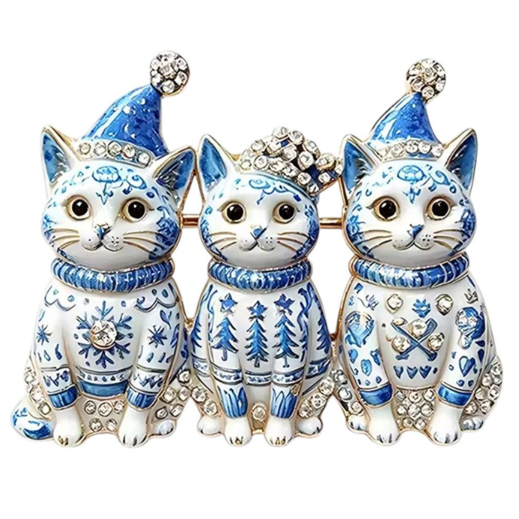 Dark-Desires Brosche Brosche Weihnachten Drei Katzen Porzellan-Stil mit Weihnachtsmützen, Damen Brosche vintage Accesssoire retro Anstecknadel