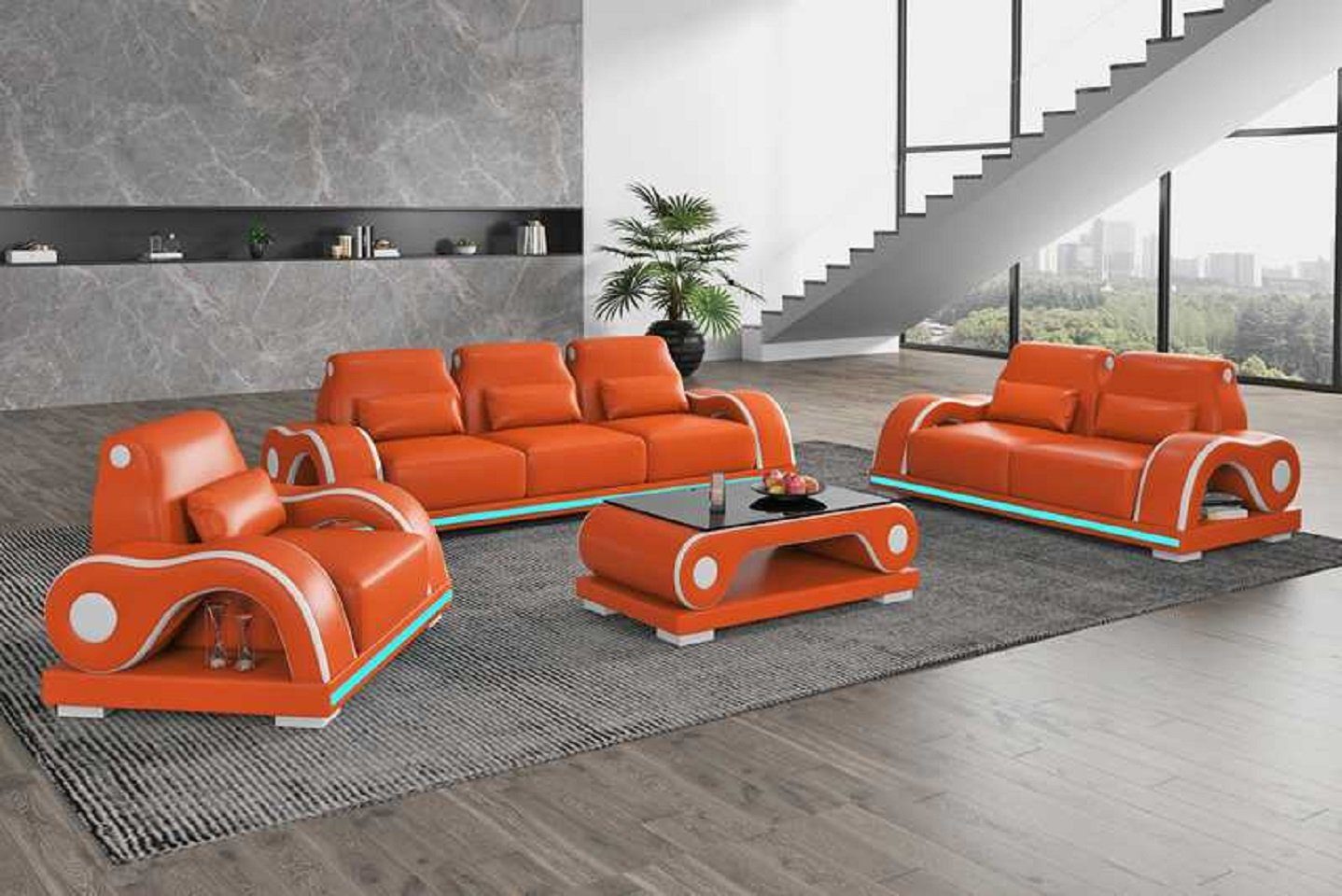 2+3 JVmoebel in Luxus Nur Couchgarnitur Modern, Wohnzimmer Sofas Sessel Made Komplette Sitzer Wohnzimmer-Set Sessel), Sofa + (3-St., Europe Orange
