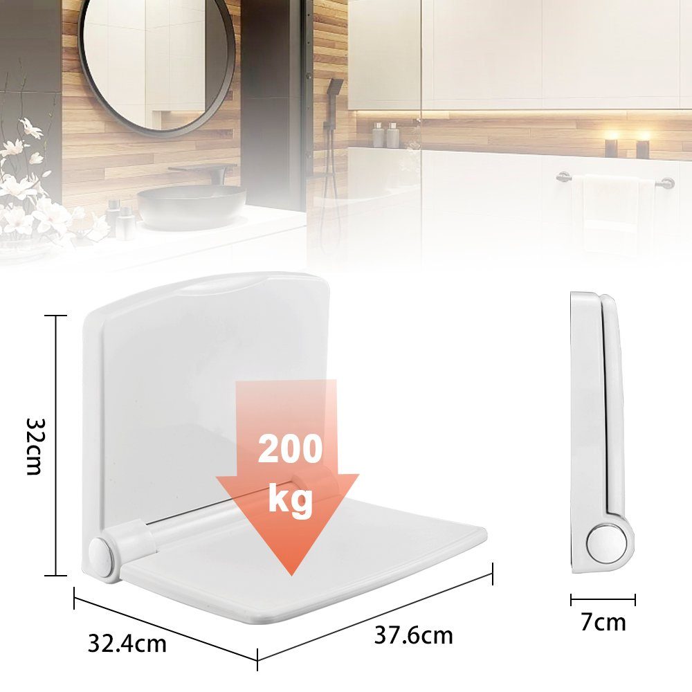 HEUFFE Duschklappsitz zur wandmontage, für Senioren & Kinder, 90° klappbar, rechteckig, weiß, belastbar bis 200,00 kg, modern, mit Rückenlehne und konkavem Sitzdesign, EUIPO-zertifiziert