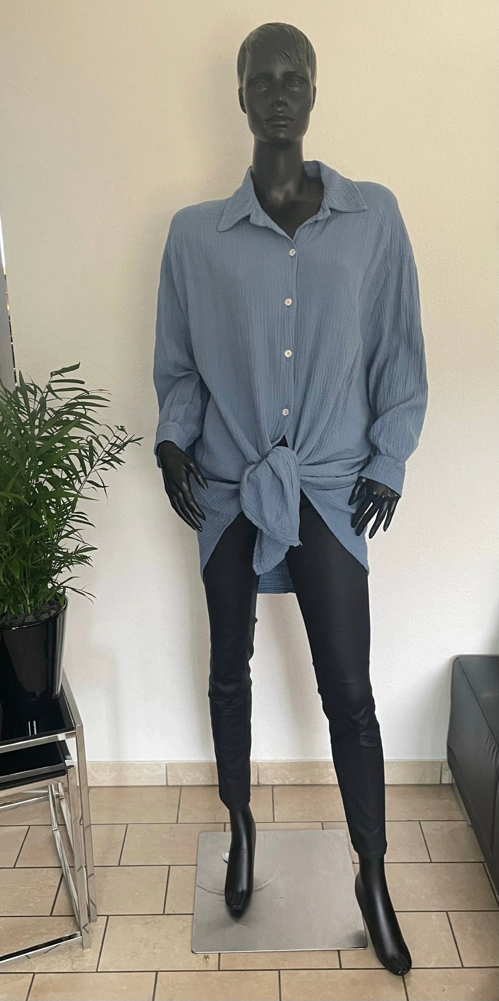lang jeansblau Bluse online Longbluse Musselin TrendFashion