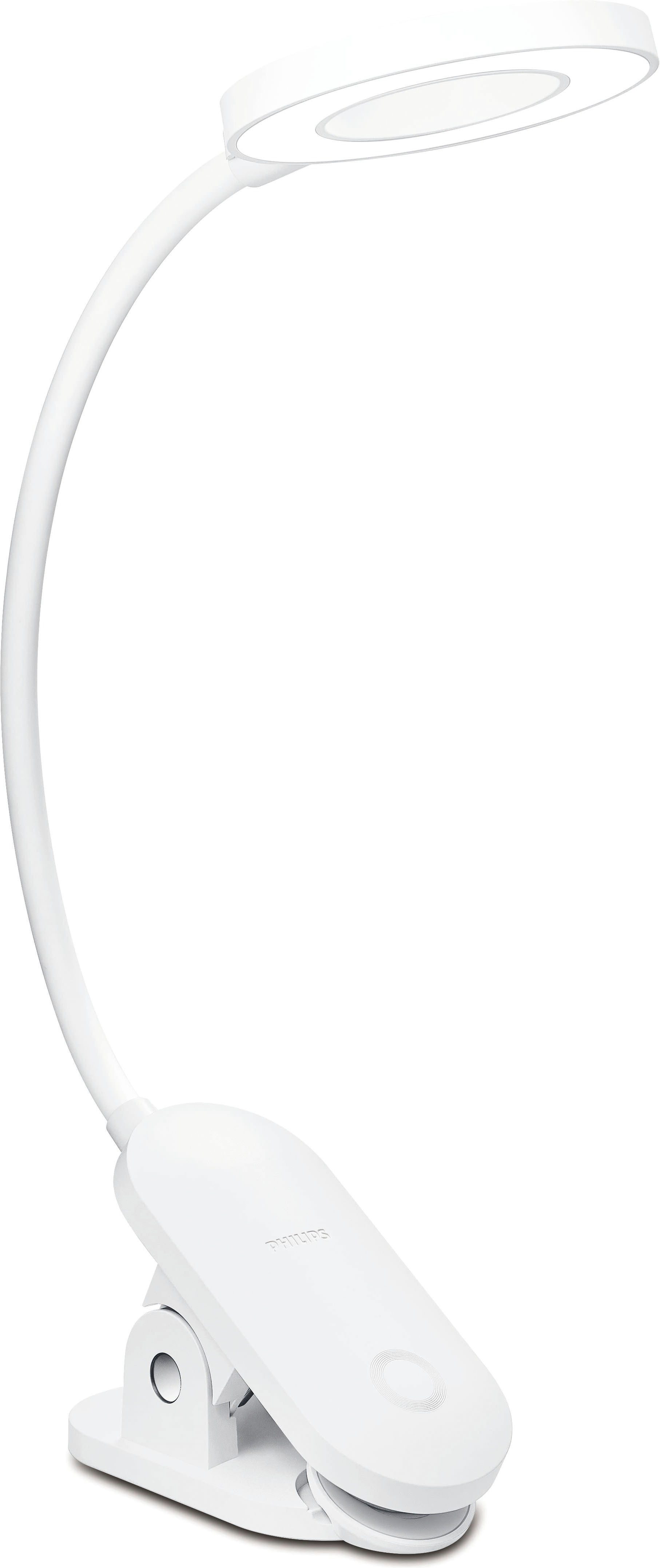 Philips LED Schreibtischlampe Forys 5W, 4000K, 200 Lumen, mit Clip, Akku, Touchdim, weiss, Dimmfunktion, USB-Ladefunktion, mehrere Helligkeitsstufen, LED fest integriert, Neutralweiß