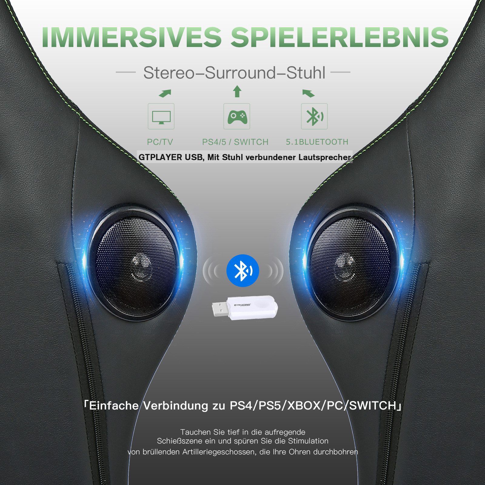 GTPLAYER Gaming-Stuhl ergonomischer Bürostuhl mit HIFI Stereo Lautsprecher, Verbindungsarmlehen beeindrukende Klang-atmosphäre