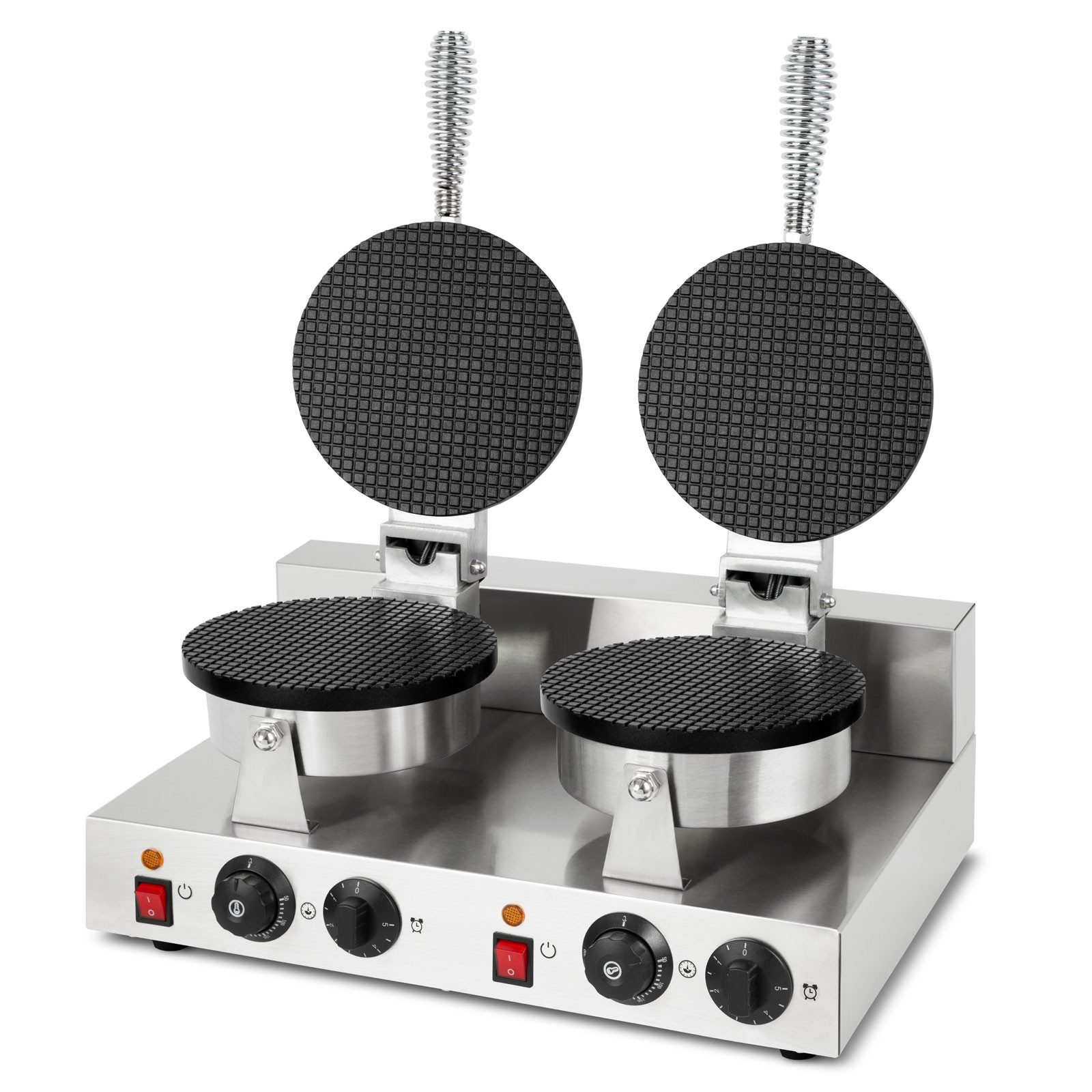 vertes Waffeleisen doppelt Hörncheneisen für Eiswaffeln 48 Stück pro Std regelbar 0-300°C, 2000 W, Timer teflonbeschichtet Gusseisen Hörnchenautomat Edelstahlgehäuse