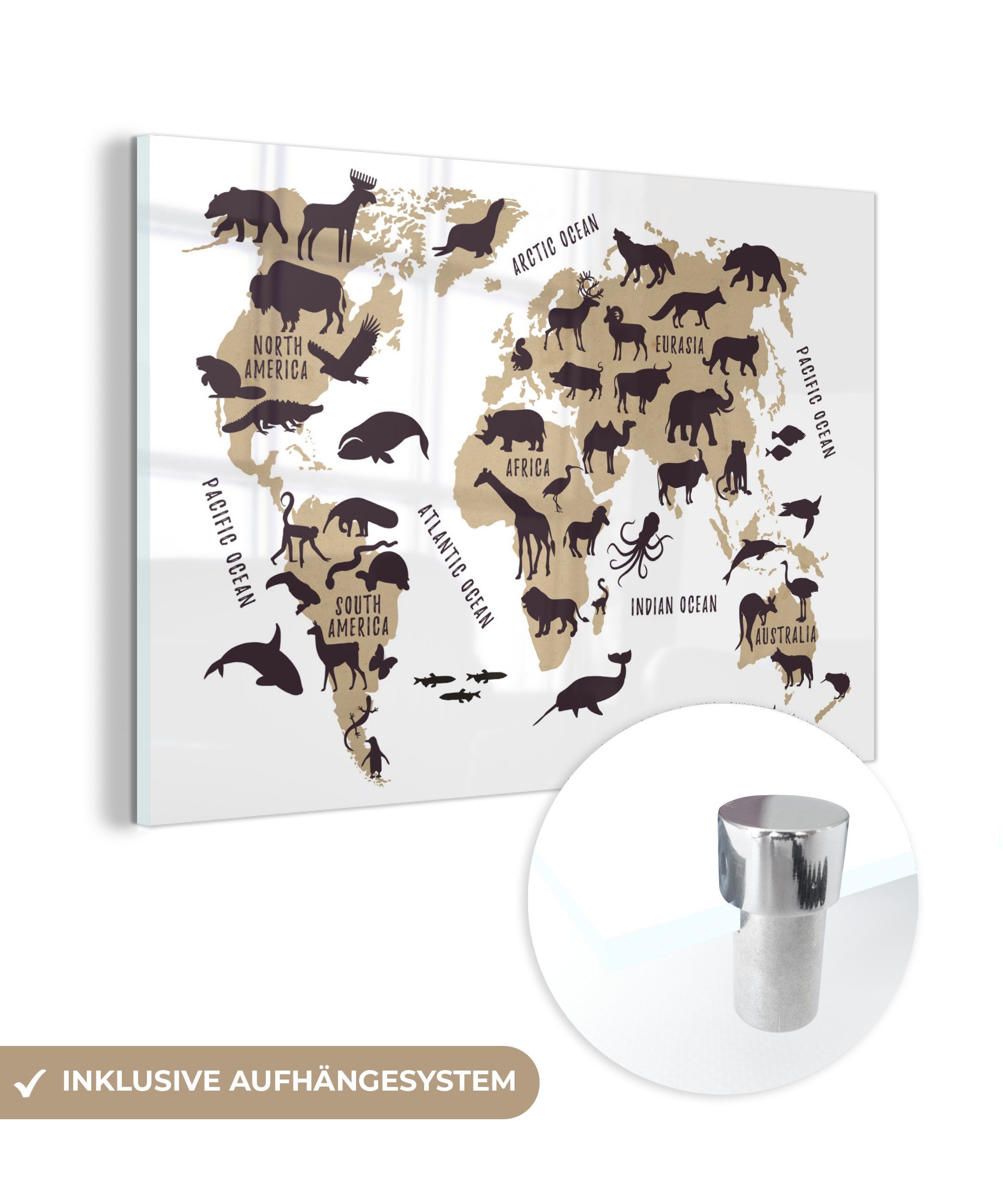 MuchoWow Acrylglasbild Weltkarte - Braun - Tiere, (1 St), Glasbilder - Bilder auf Glas Wandbild - Foto auf Glas - Wanddekoration