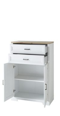 möbelando Aktenschrank Jasmin Aktenschrank im modernen Landhausstil in Pinie hell Nachbildung, Absetzung in Artisan Eiche Nachbildung, Korpus aus Spanplatte, Front aus MDF mit 2 Holztüren, 2 Schubkästen und 1 Einlegeboden. Breite 86 cm, Höhe 127 cm, Tiefe 38 cm