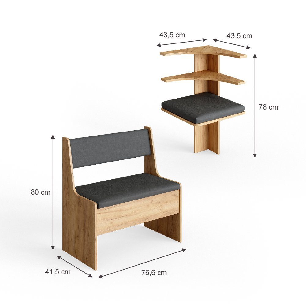 Vicco Sitzbank Roman, Goldkraft Eiche/Anthrazit, 76.6 x 41.5 cm (Set, 1-St., 5-er Set), bequeme Polsterung