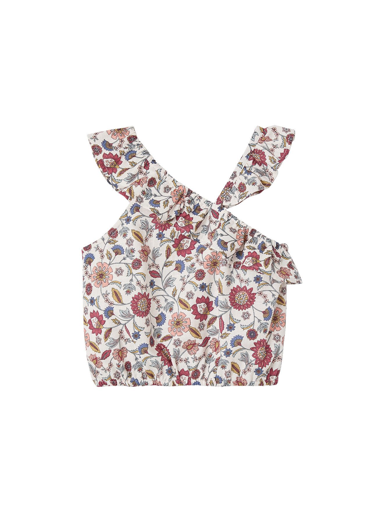 vertbaudet Kurzarmbluse Asymmetrische Mädchen Volantbluse mit Blumenprint, Volant