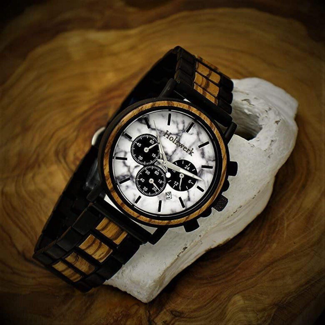 Holzwerk Chronograph & schwarz, Uhr Holz weiß in BEILSTEIN Armband Edelstahl Herren