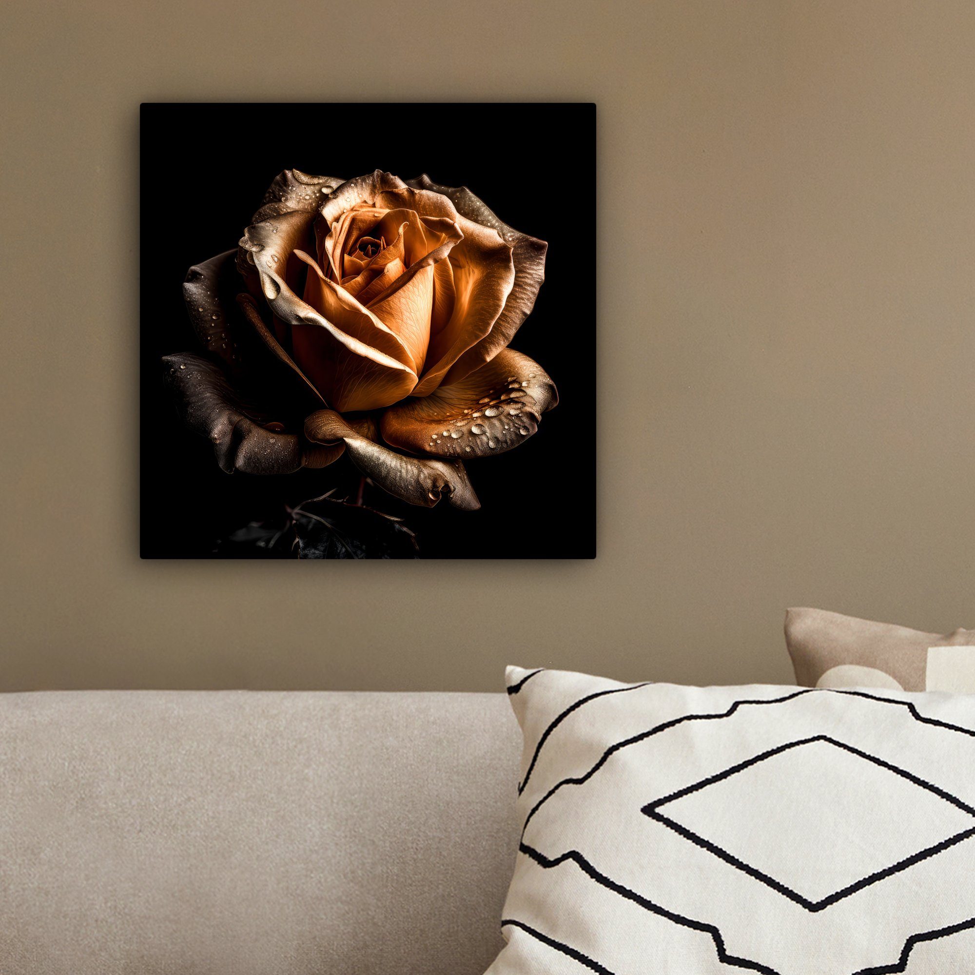 - (1 Rose Schlafzimmer, 20x20 für St), cm - Wohnzimmer - Gold Bilder Botanisch OneMillionCanvasses® Blumen Schwarz, Leinwand Leinwandbild