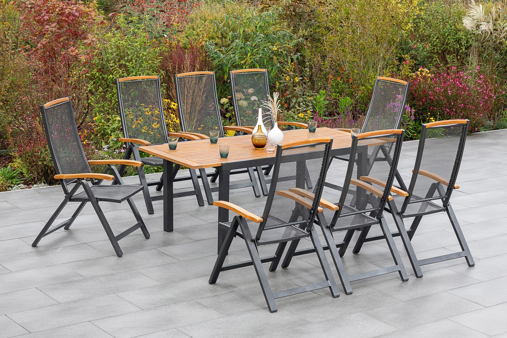 MERXX GartenEssgruppe »Tilos«, (9tlg), 8 Klappsessel, ausziehbarer