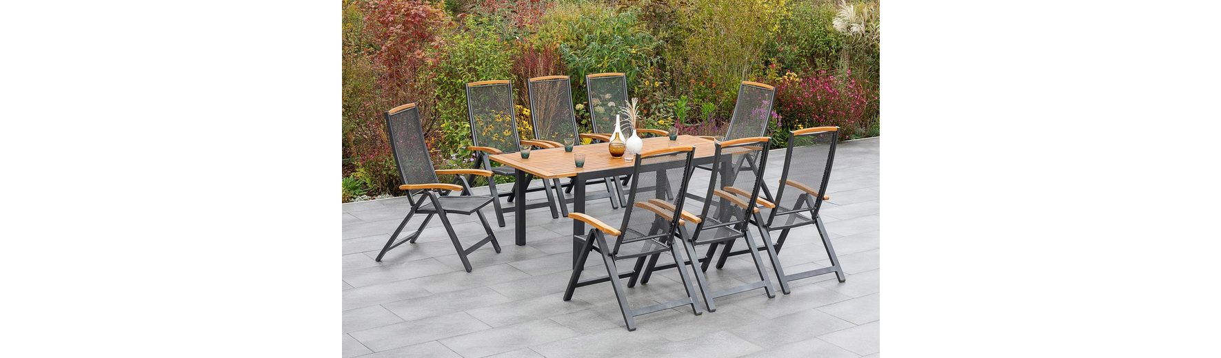 MERXX GartenEssgruppe »Tilos«, (9tlg), 8 Klappsessel, ausziehbarer