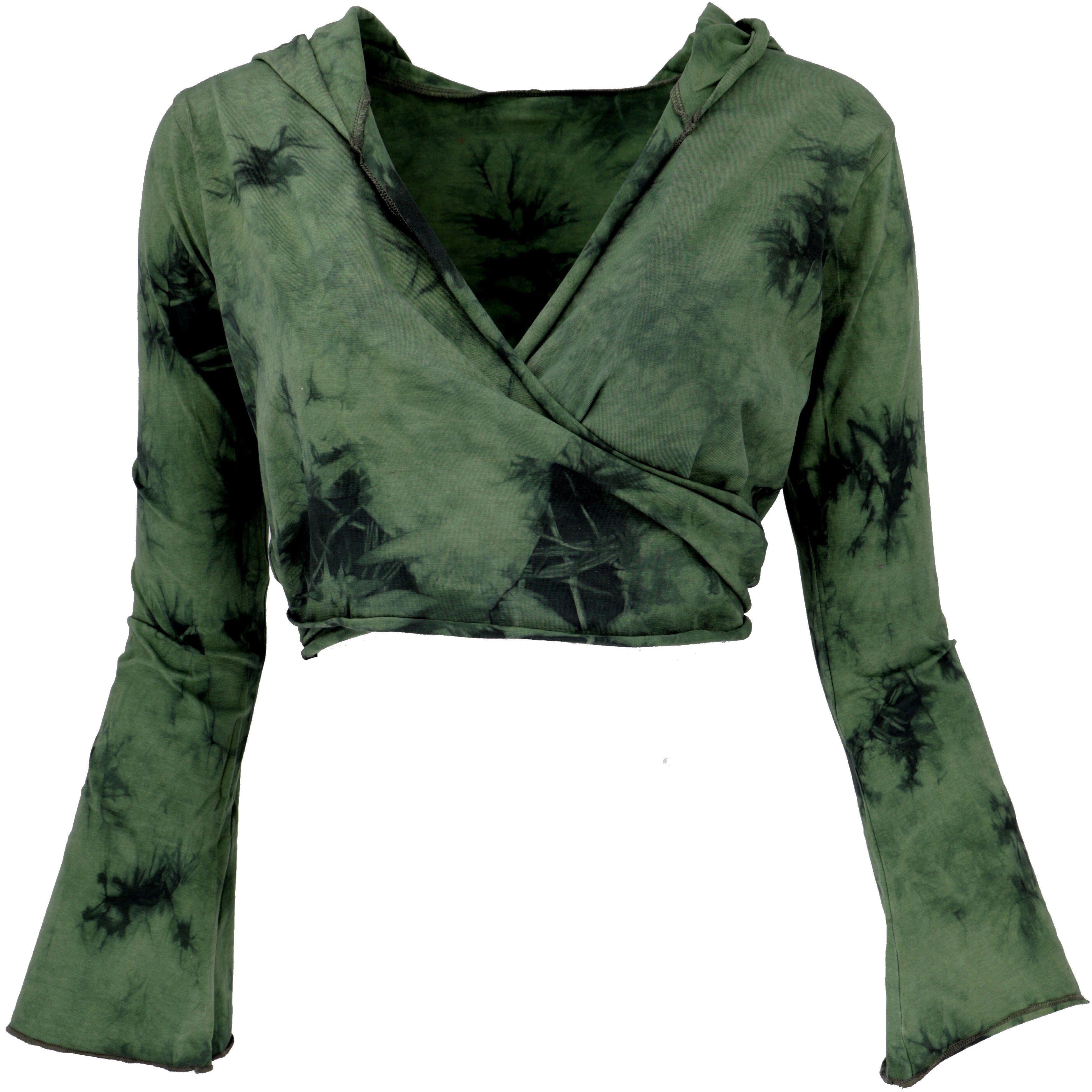 Guru-Shop Longsleeve Wickeltop, Yogatop, Langarmshirt Bekleidung alternative mit.. Batik/grün