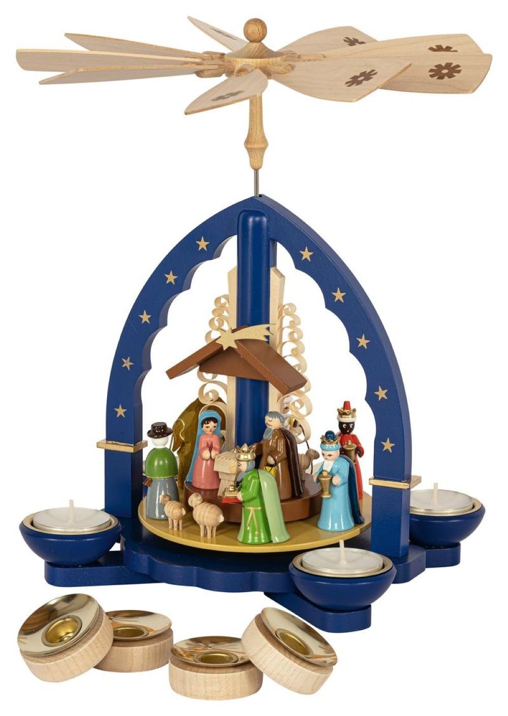 Richard Glaesser Weihnachtspyramide Heilige Drei Könige blau für Teelicht und Kerzen, Höhe 27 cm, Handwerkskunst aus dem Erzgebirge