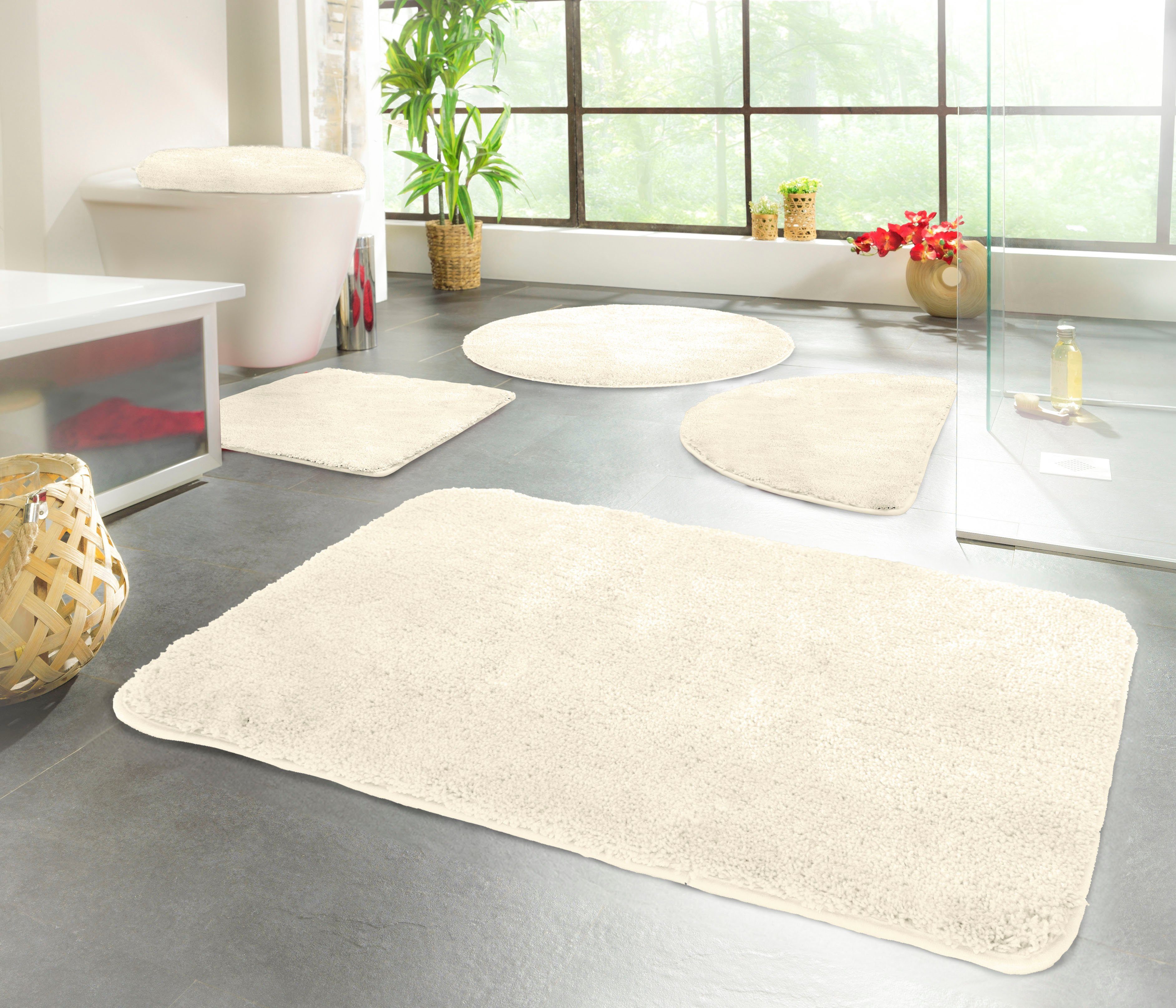 KiNZLER Badematte Chaozhou, Höhe 20 mm, rutschhemmend beschichtet, fußbodenheizungsgeeignet, Polyester, WC-Vorleger mit Ausschnitt, Badteppich, Uni Farben, weich, als rechteckig, rund & Set erhältlich