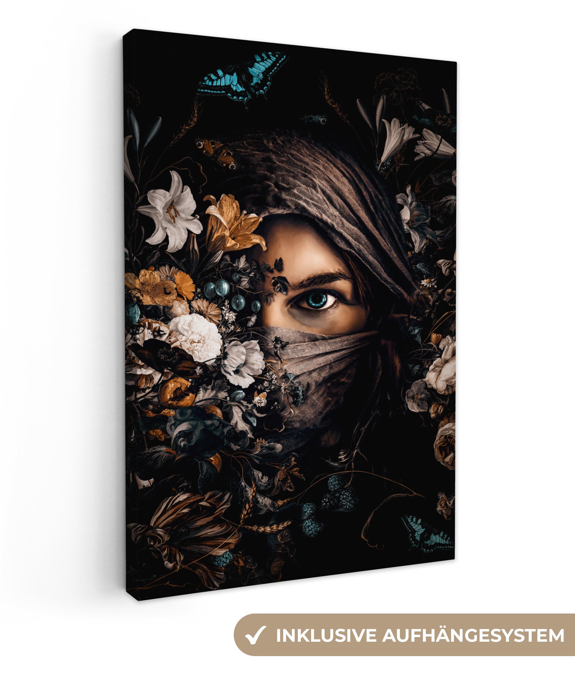 OneMillionCanvasses® Leinwandbild Frau - Luxus - Blumen - Schmetterling - Porträt, Fotodruck (1 St), Leinwand Canvas Wandbild, Wanddekoration 20x30 cm