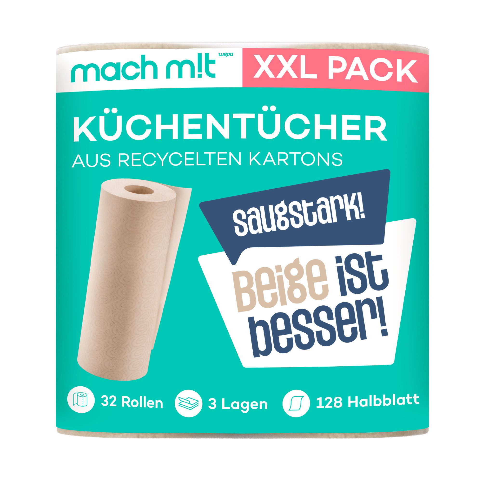 Papierküchenrolle 4 o. 32 Rollen - 3-lagig - 128 Blatt
