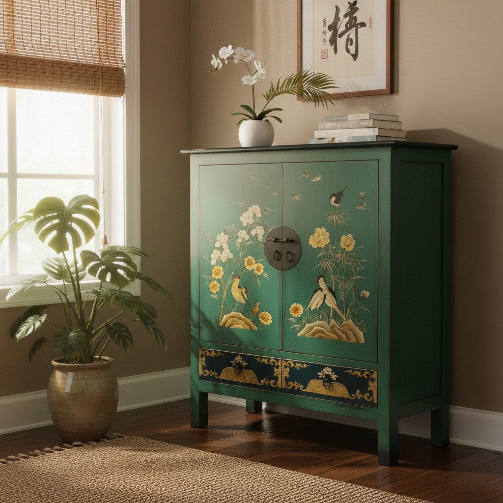 OPIUM OUTLET Kommode Sideboard Schrank Möbel Vintage-Stil handbemalt (Asia Anrichte Buffet grün-blau, chinesisch asiatisch orientalisch), komplett montiert