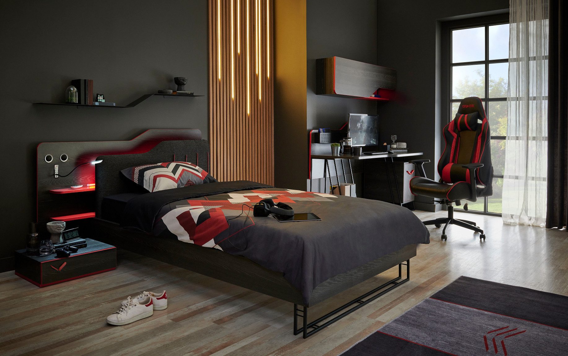 Möbel-Zeit Jugendzimmer-Set GAMER Komplett-Set – 8-teilig – Anthrazit & Rot – Bett 120x200 cm