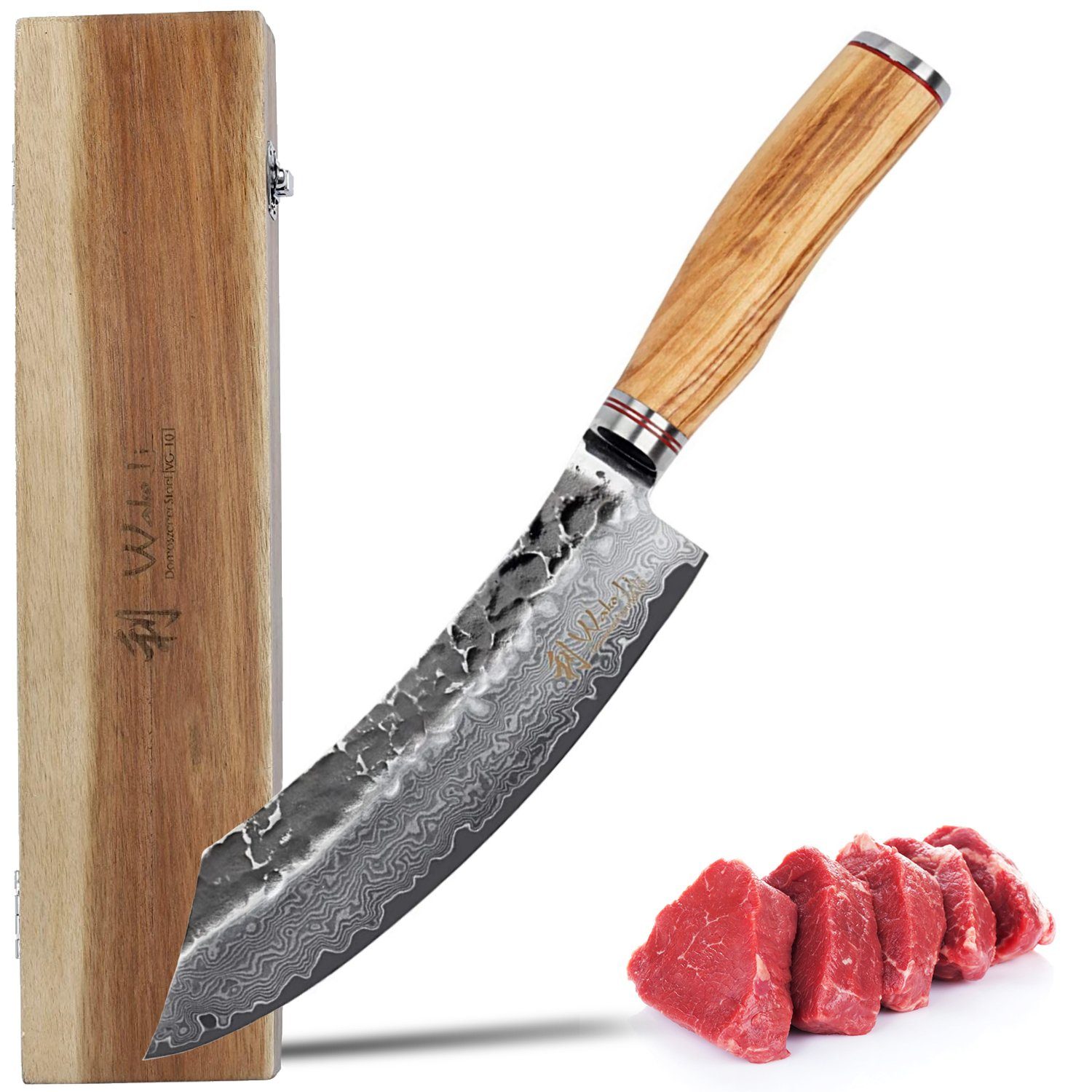 Wakoli Kochmesser Wakoli Blockmesser I 20 cm Klinge I Olivenholzgriff und Hammerschlag
