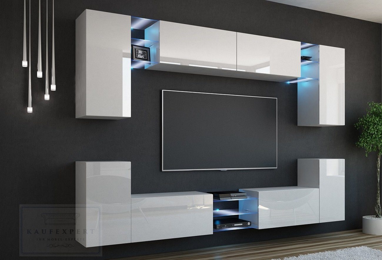 kaufexpert Wohnwand Wohnwand Galaxy Weiß Hochglanz/Weiß Mediawand LED  Beleuchtung Modern Design Medienwand Wandschrank TV Möbel