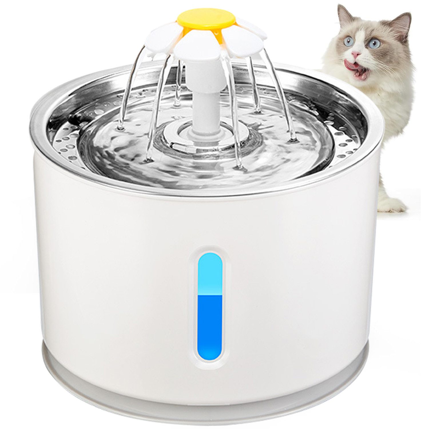 MOPUEA Trinkbrunnen 2.4L Katzen Wasserbrunnen Edelstahl Blumentrinkbrunnen, 3 Wasserflussmodi für unterschiedliche Trinkgewohnheiten