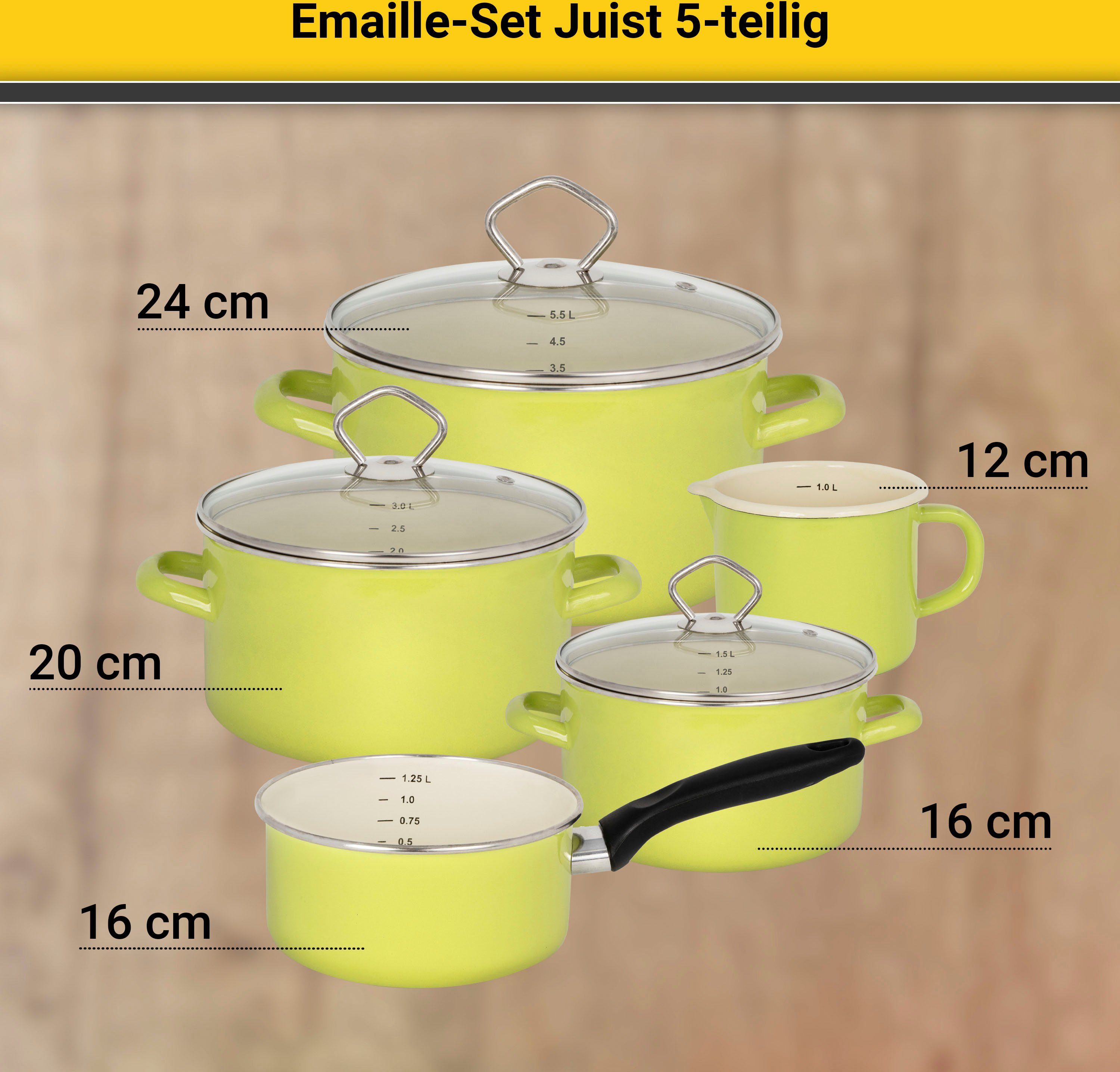 Krüger Topf-Set Juist, Emaille (Set, 8-tlg., Fleischtopf 16/20/24 cm, Milchtopf 12 cm, Stieltopf 16 cm), Induktion