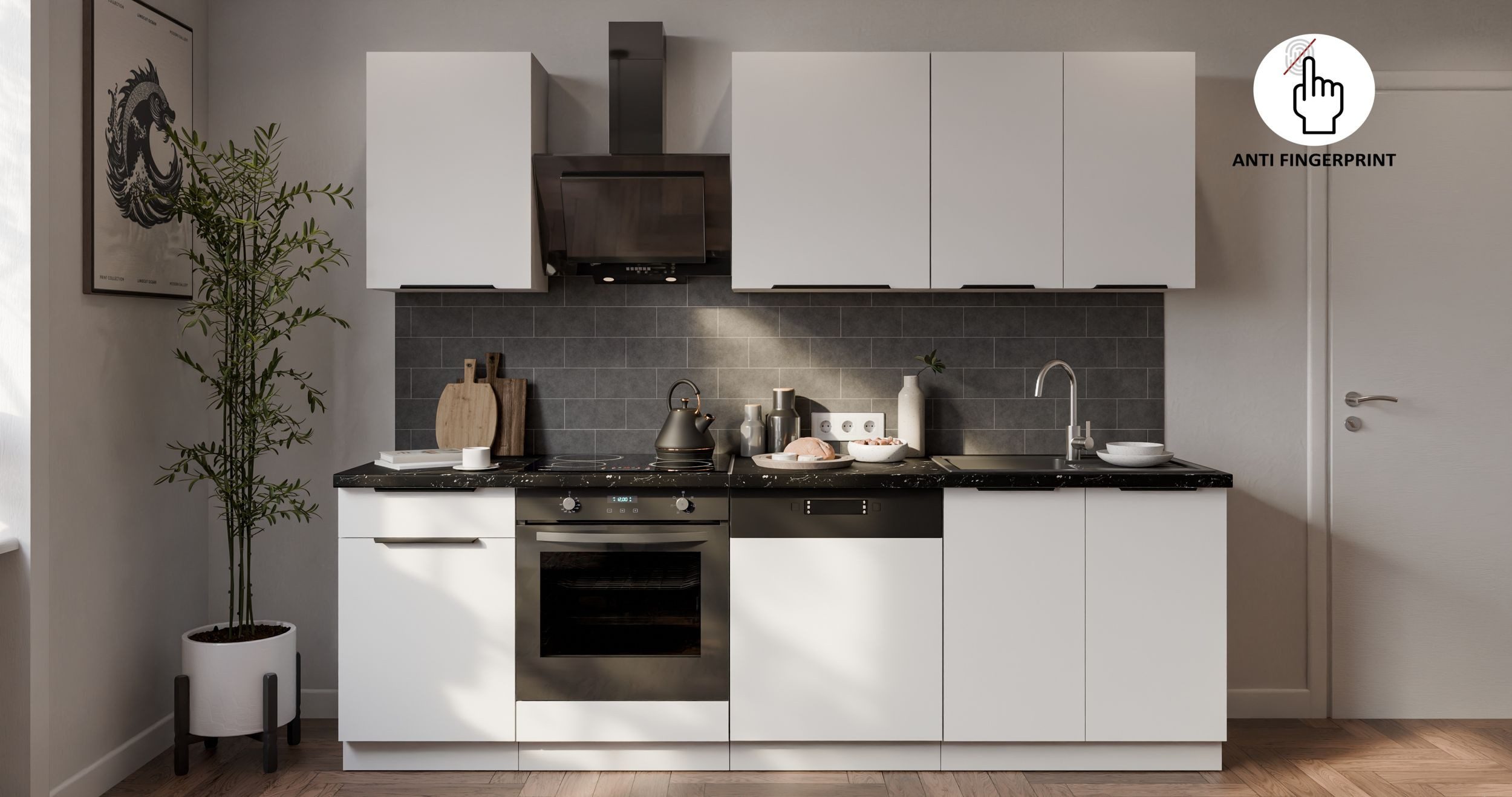 Küchen-Preisbombe Küchenzeile ARIA K-WH Basic 250 cm Anti Fingerprint Küchenblock Küche Einbauküche