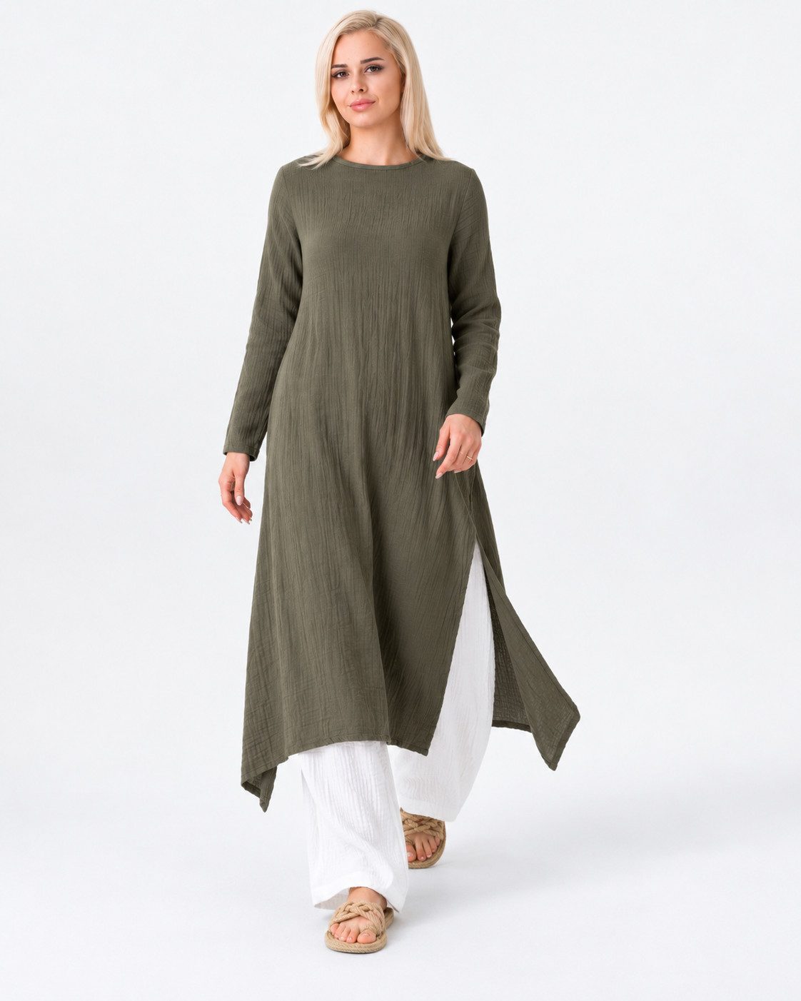 WENOR Longtunika Damen Musselin Longbluse Langarm mit Seitenschlitzen Modest Fashion extra langer Schnitt für bedeckte Looks – Bild 3 von 5