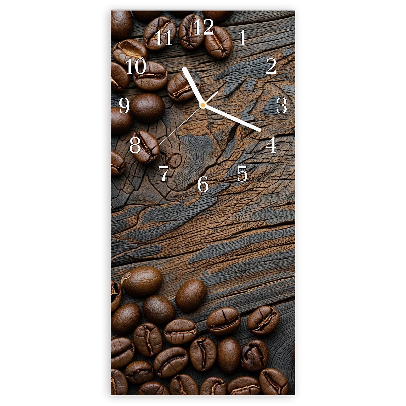 Wanduhr Glasuhr Wandkunst Größe 30 x 60 cm mit Motiv Kaffeebohnenholz