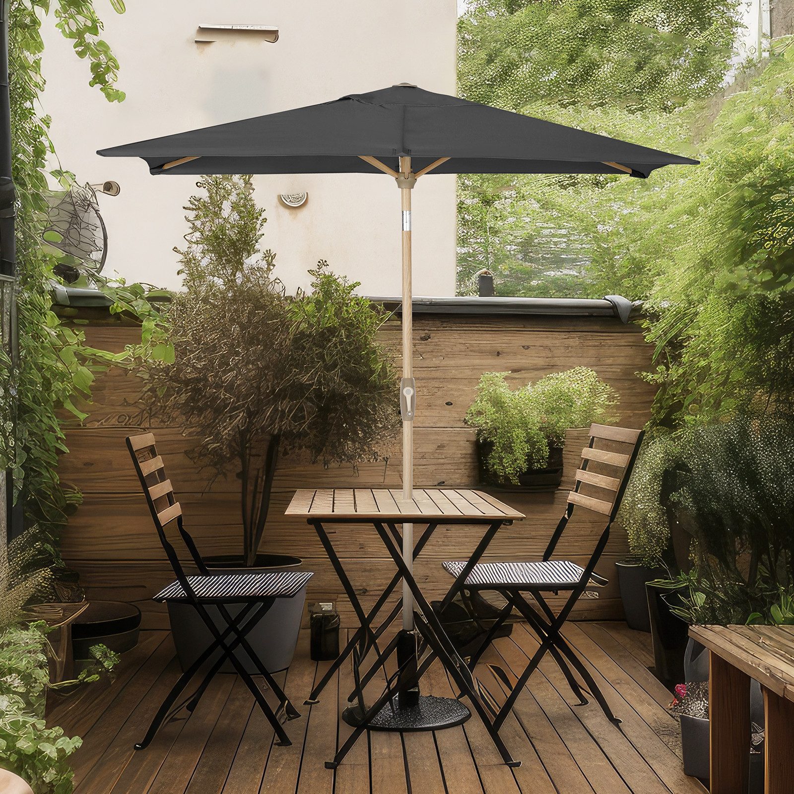 Sekey Rechteckschirm 210x140cm Alu Sonnenschirm Balkon Rechteckig mit Kurbel, Balkonschirm, LxB: 210,00x140,00 cm, Sonnenschutz UPF50+, Abknickbar, mit Holzmaserung-Gartenschirmstange