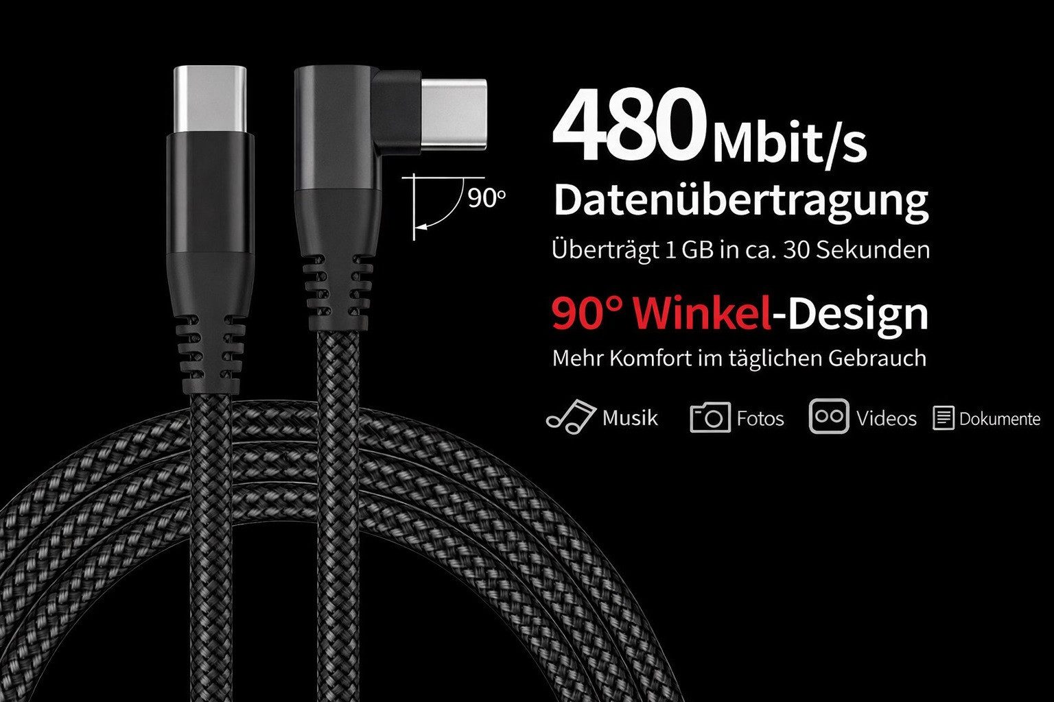 Kevin Frotscher (FroShop) 60W USB-C auf USB-C Schnellladekabel 0,5 m 90° Winkelstecker Nylon Smartphone-Ladegerät (geflochten 480 Mbps Daten, für Samsung iPhone iPad Xiaomi Lenovo Huawei Tablet - Schwarz)