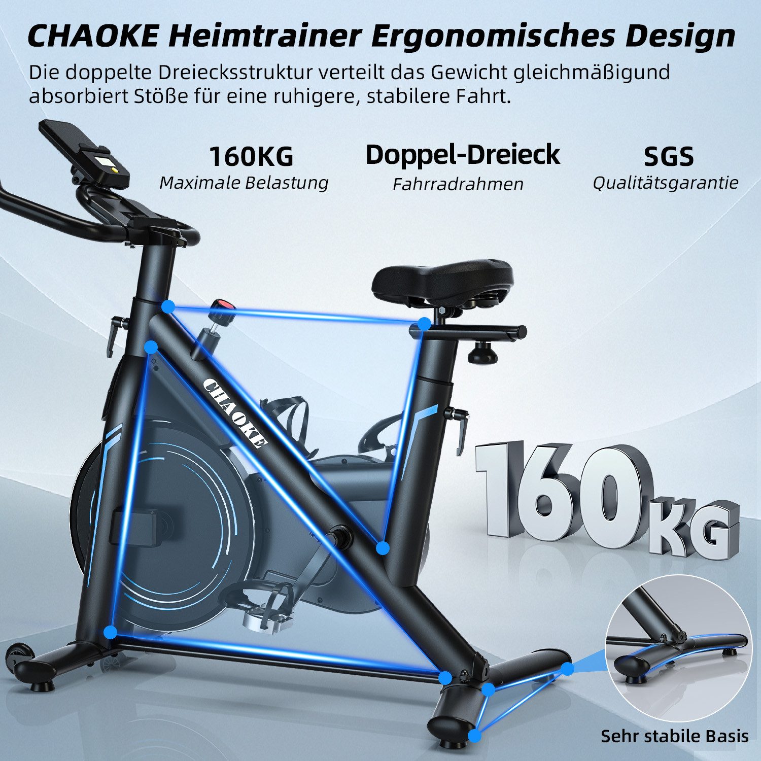 CHAOKE Heimtrainer Fahrrad mit App, Profi Ultra-Leiser Heimtrainer, 160KG Belastbar (Magnetwiderstand, verstellbare Armlehnen), einstellbare Widerstandsstufe, Professioneller Reitsitz, LCD Monitor