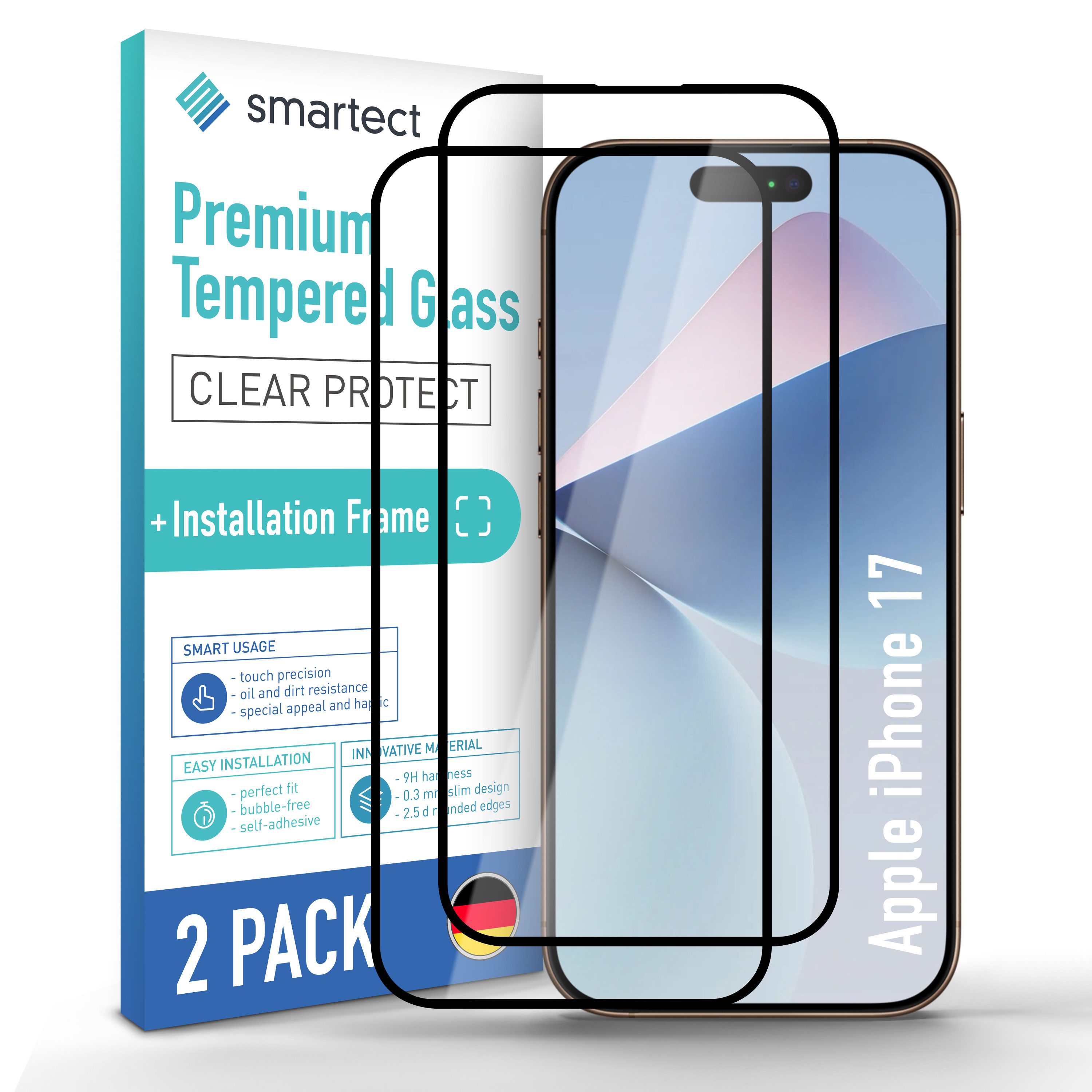 smartect Displayschutzglas Schutzglas Panzerfolie Full Screen für Apple iPhone 17, Set, 2 Stück, Schutzfolie Glasschutz inkl. Anbringhilfe