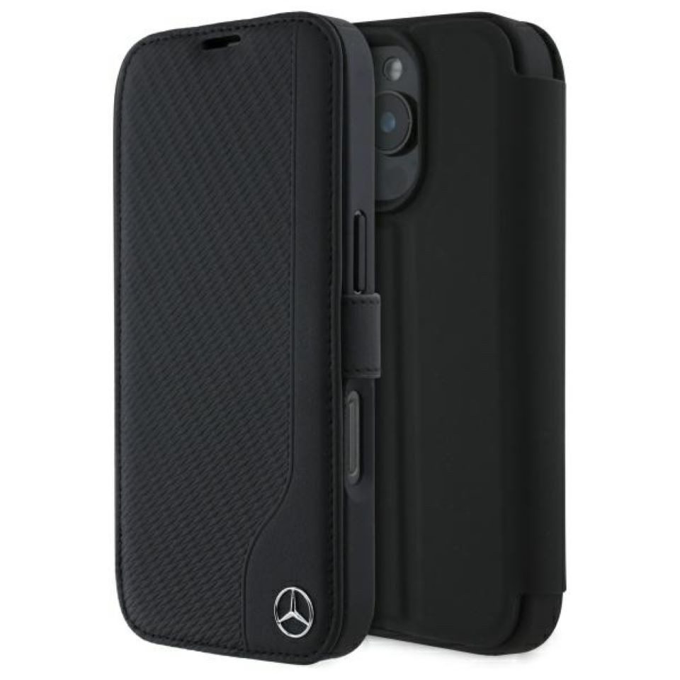 Mercedes Benz Handyhülle Bookcase iPhone 16 Pro Max Echtleder schwarz Stern silber 6,9 Zoll, Kantenschutz