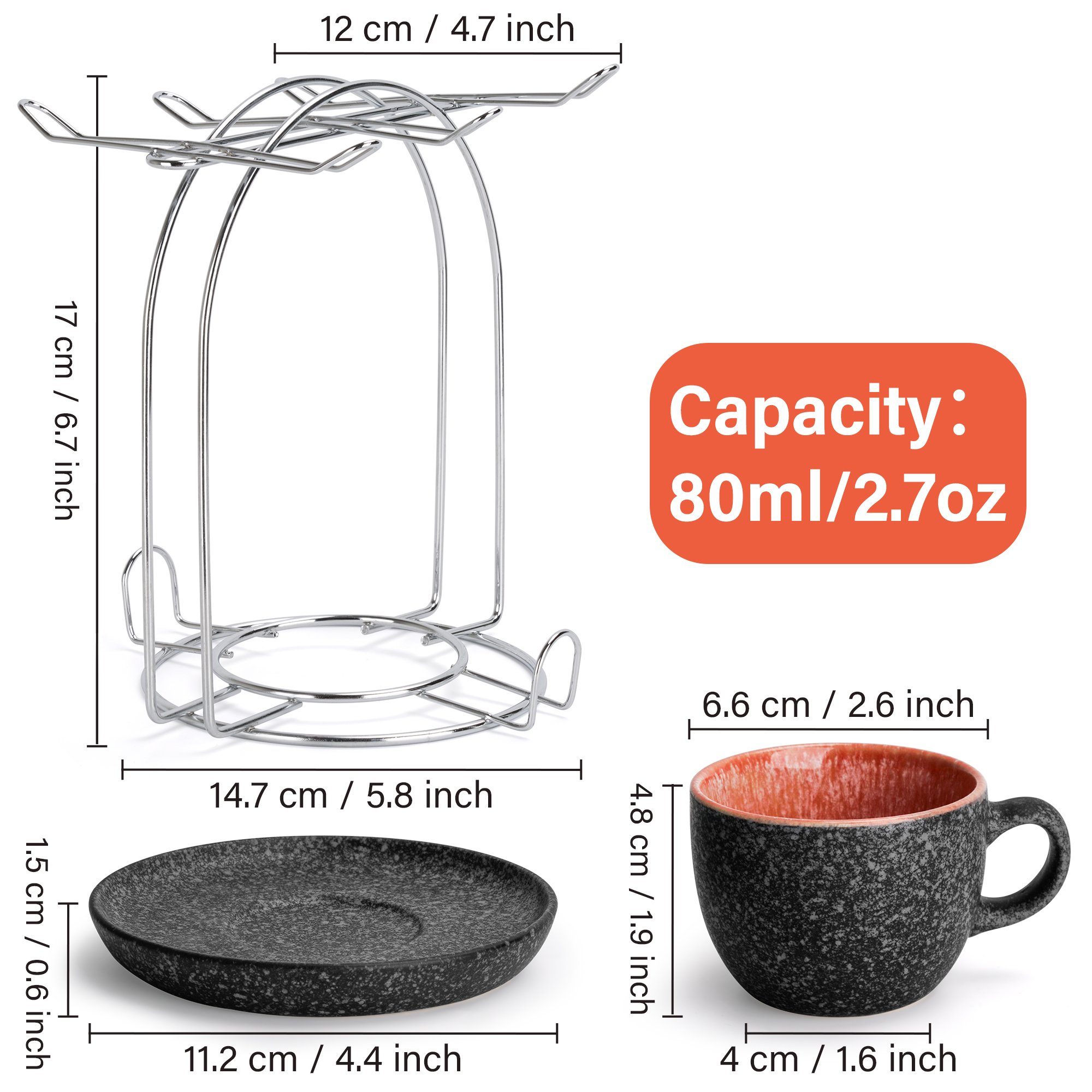 MiaMio Espressotasse Espressotassen Set 6 teilig mit Untertassen & Ständer (6 x 80 ml), Keramik
