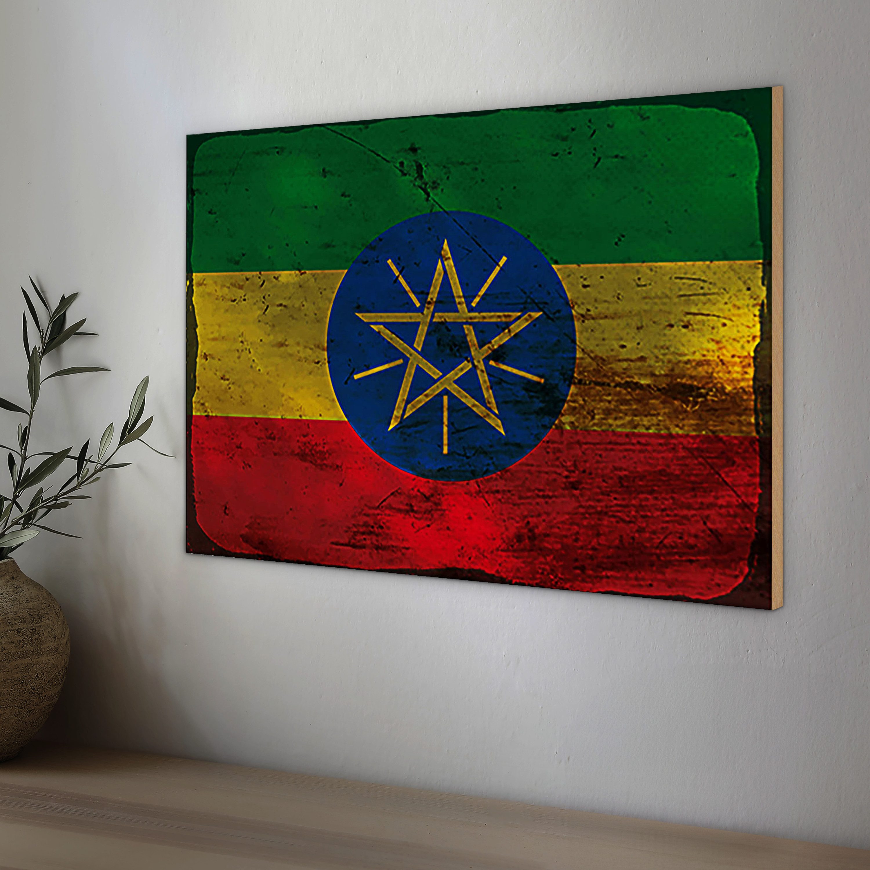 Roomando Holzbild Holzschild Flagge Äthiopien 30x20cm Flag Ethiopia Rost